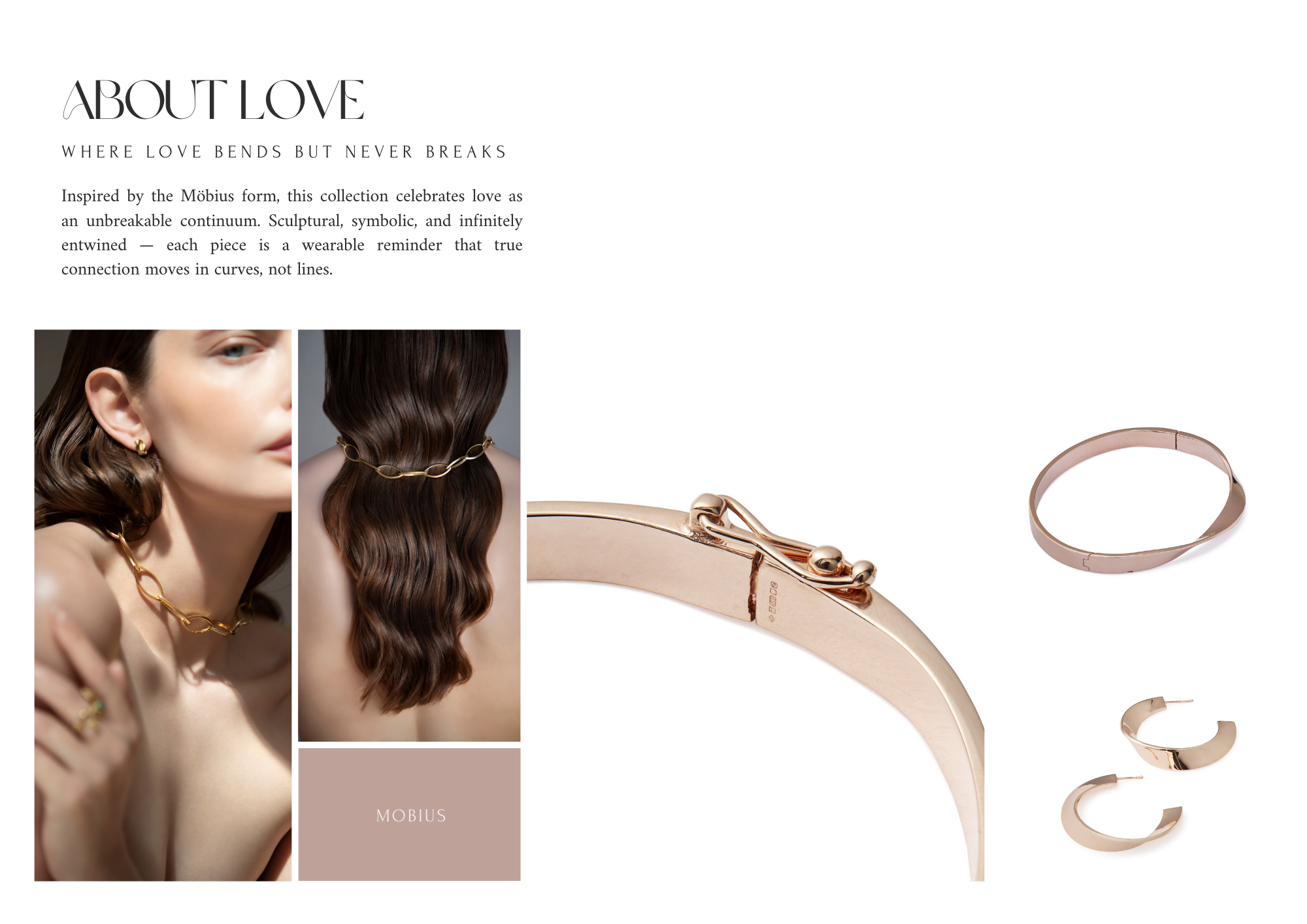 An advertisement showcasing jewelry inspired by the Möbius form, including a gold chain necklace, matching earrings, and rings displayed on a white background, with a model wearing the jewelry.