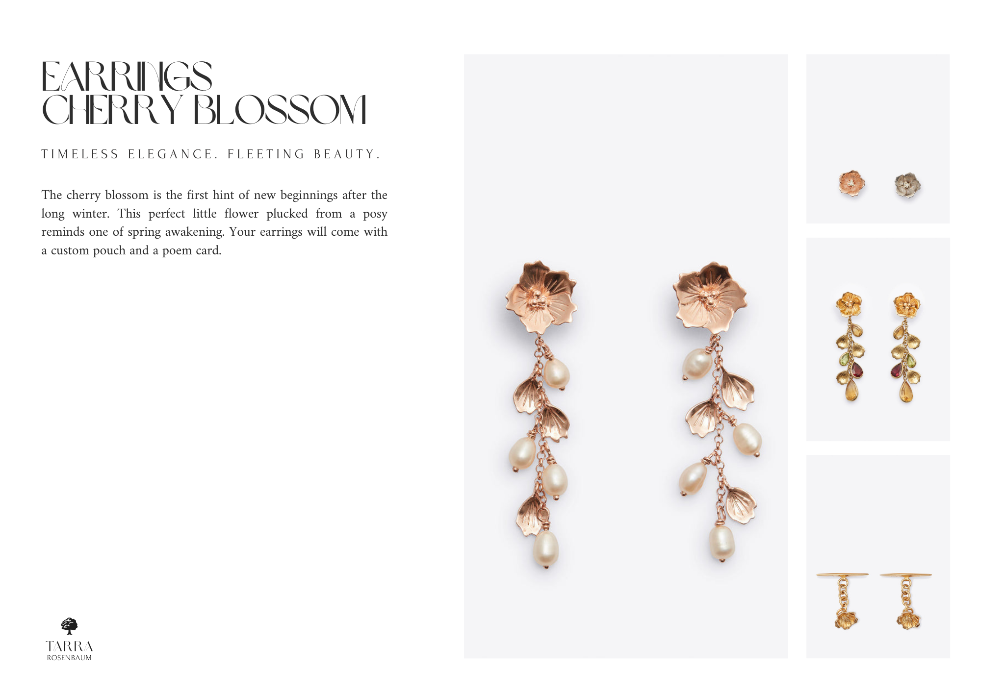 Product page showcasing earrings with cherry blossom design, featuring a large central image of rose gold earrings with pearl accents, smaller images of different jewelry styles including stud earrings, dangle earrings with leaves and flowers, and a 