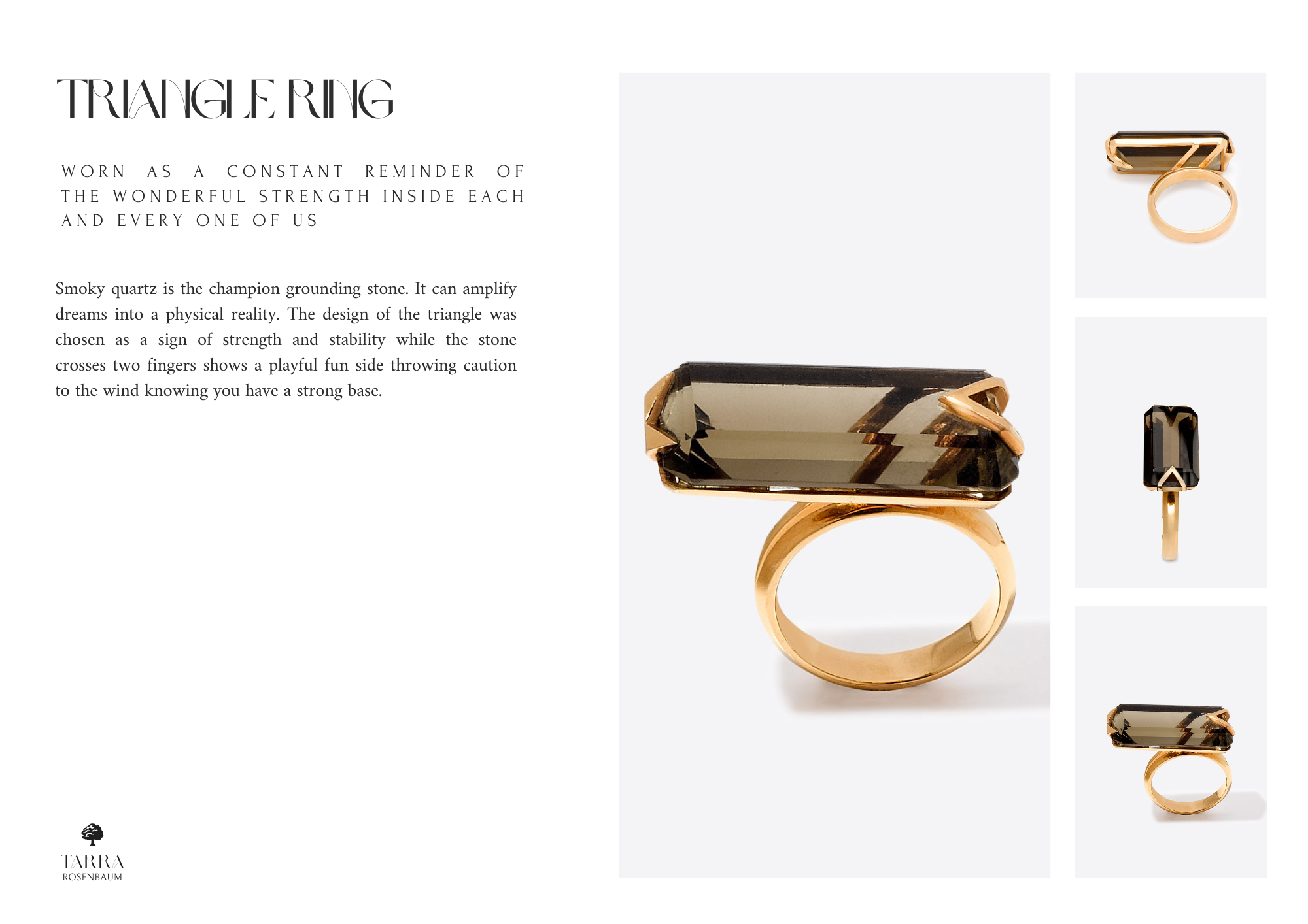 A jewelry ad featuring a large rectangular black gemstone ring with rose gold band, along with a matching black gemstone ring, a black and rose gold ring with a geometric design, and a black gemstone ring with a rectangular shape, all set against a w