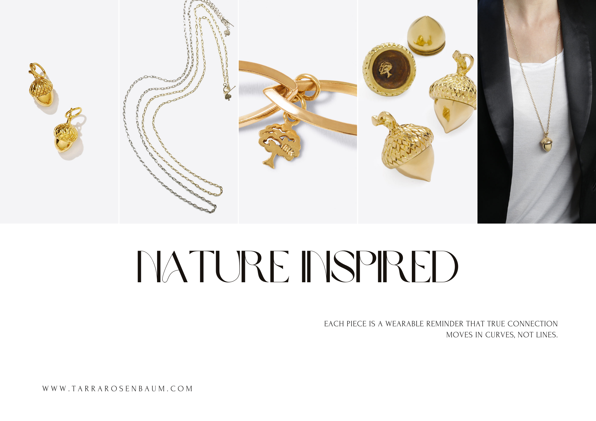 A display of gold jewelry including earrings, necklaces, and bracelets with nature-inspired designs, featured alongside a model wearing a gold necklace with a heart pendant. The text on the image reads "Nature Inspired," with a quote about the beauty