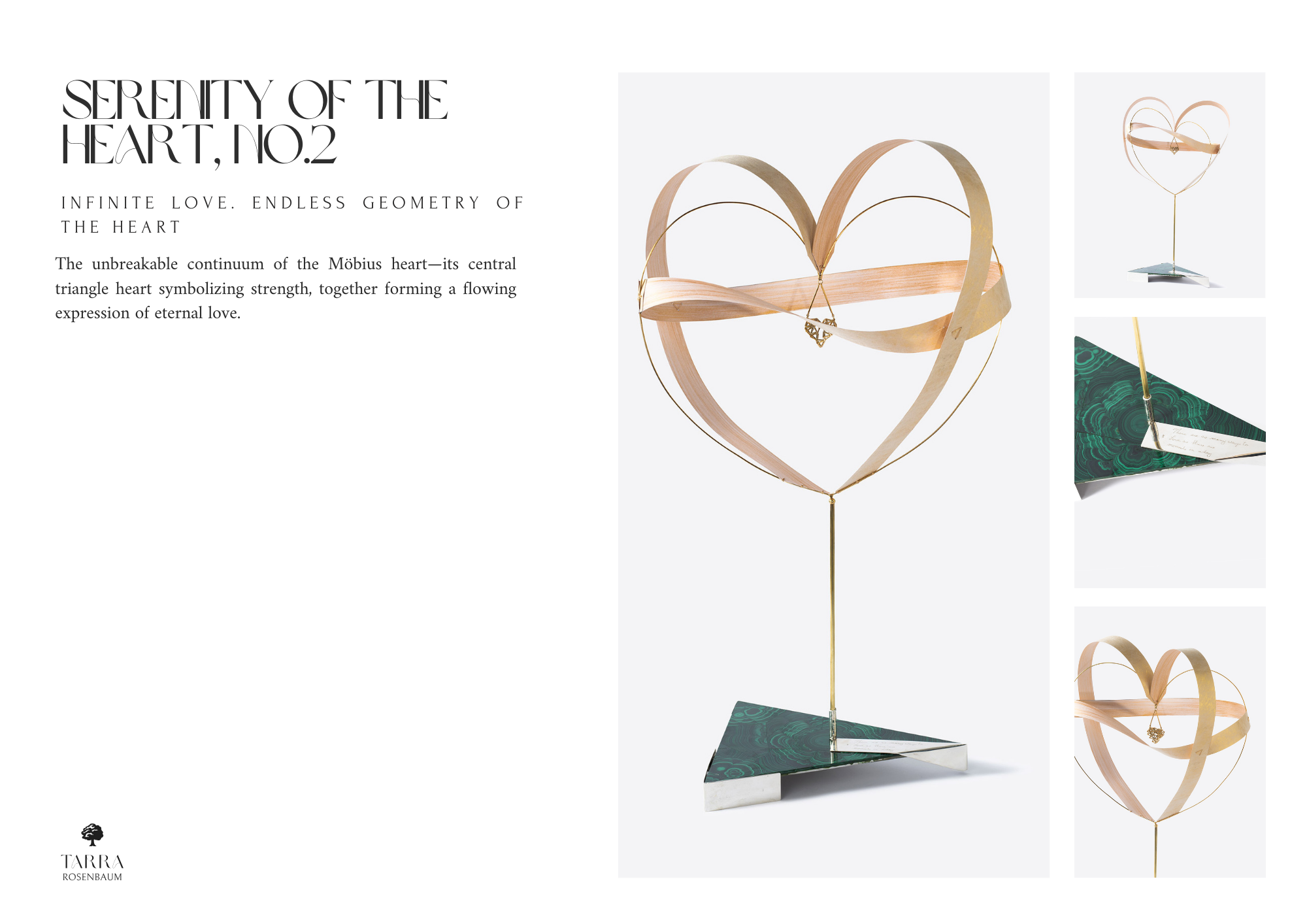 Design of a heart-shaped sculpture made from wooden ribbons with gold accents, mounted on a green marble base.