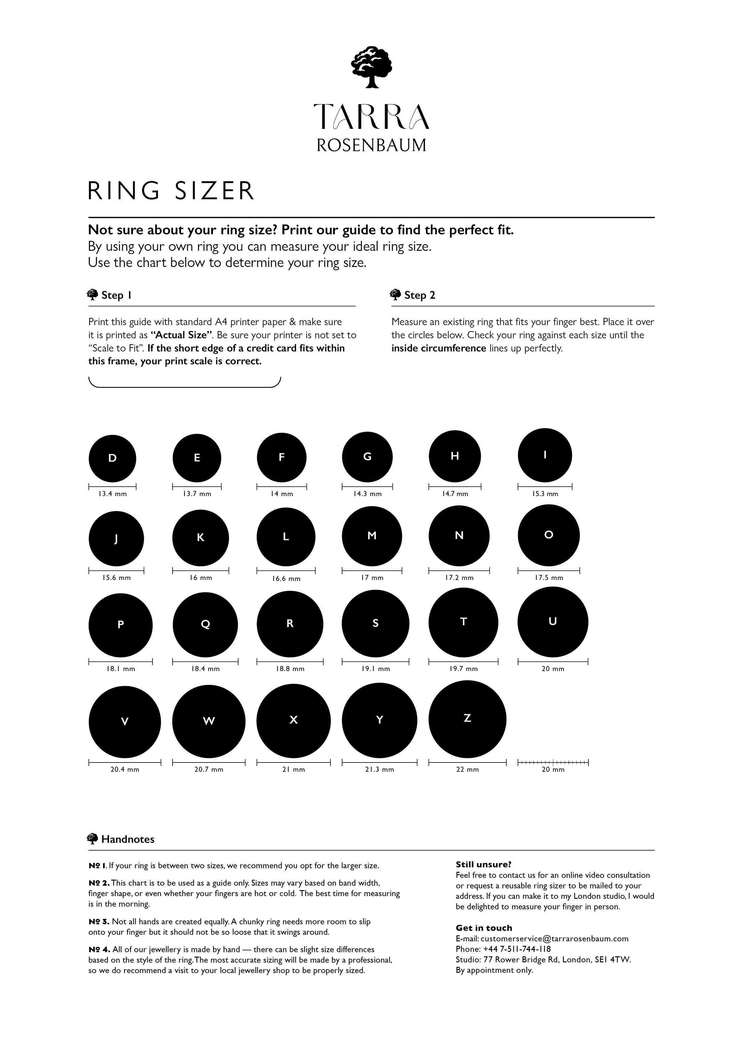 Guide for measuring ring sizes with diagrams and instructions, including a chart showing ring sizes from D to Z with millimeter measurements, and notes on choosing the right size.