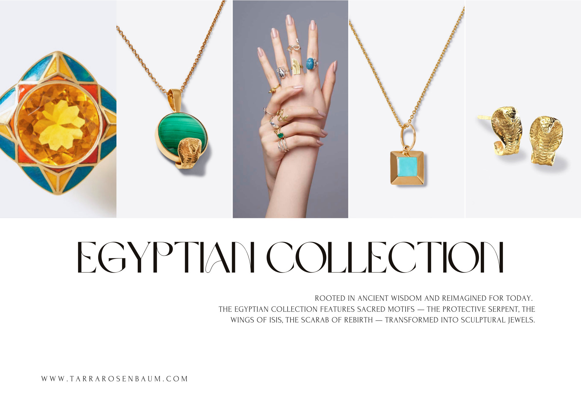 Display of five jewelry pieces inspired by Egyptian motifs, including a ring with a large yellow gemstone, a green malachite necklace, a hand wearing multiple rings, a gold chain with a turquoise pendant, and a pair of gold earrings shaped like Egypt