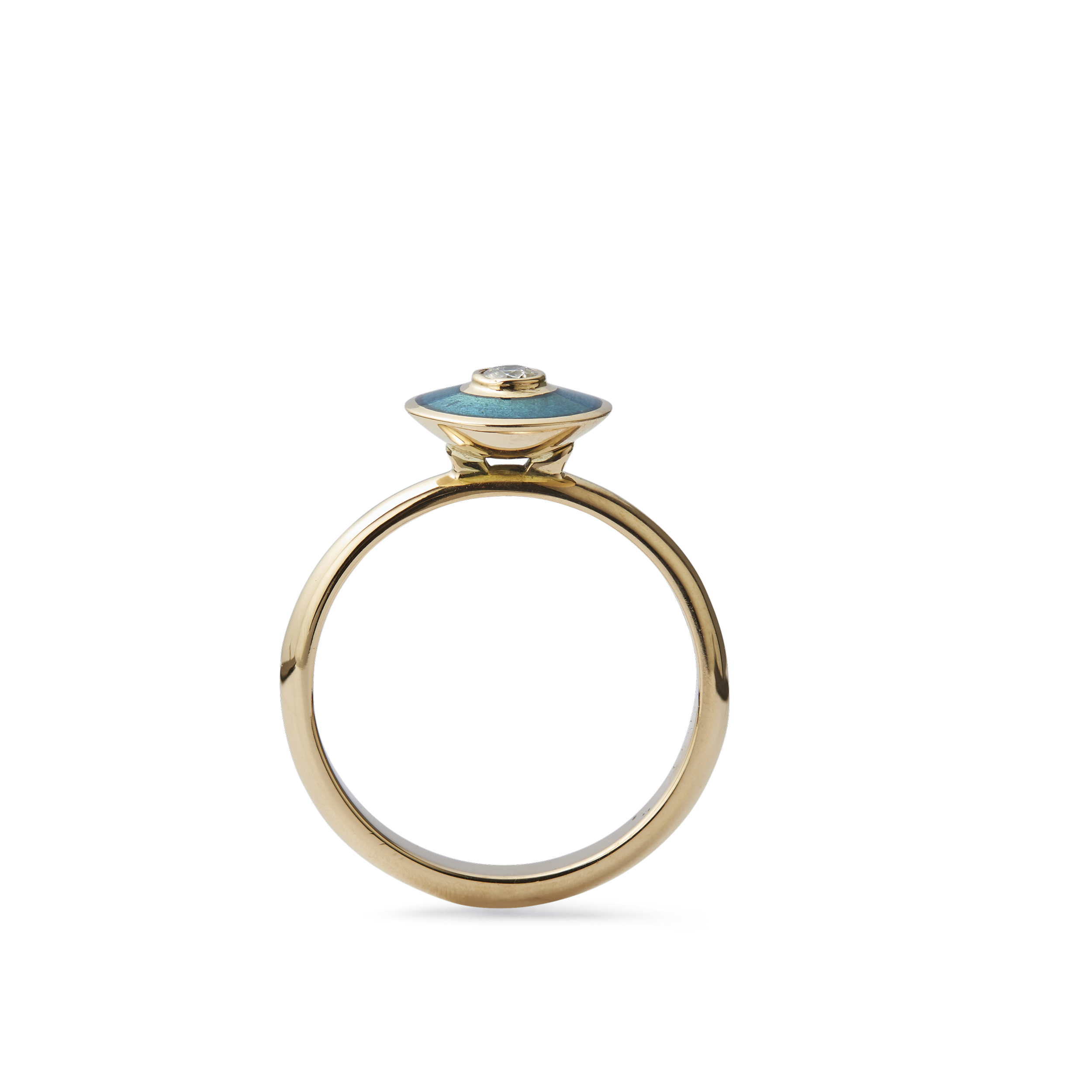 Gold ring with a large, square blue stone and small diamond accent on top