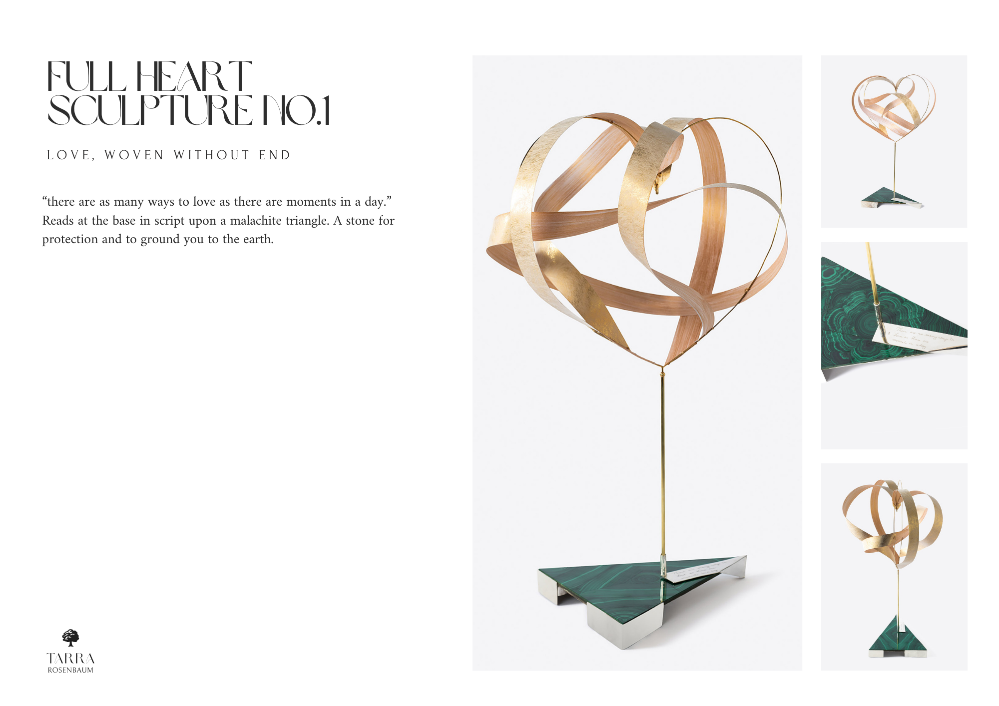 Gallery display of a metallic heart sculpture made of intertwined gold and copper ribbons mounted on a green stone and metal base, shown from multiple angles.