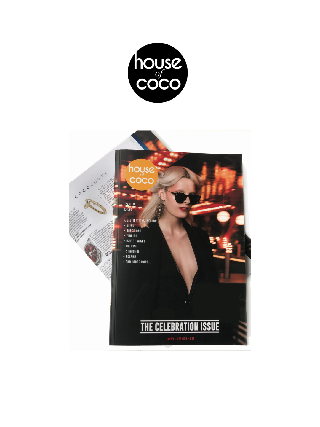 Two magazines titled 'House of Coco,' with the top one featuring a woman in sunglasses at night, dressed in black, with a cityscape background.