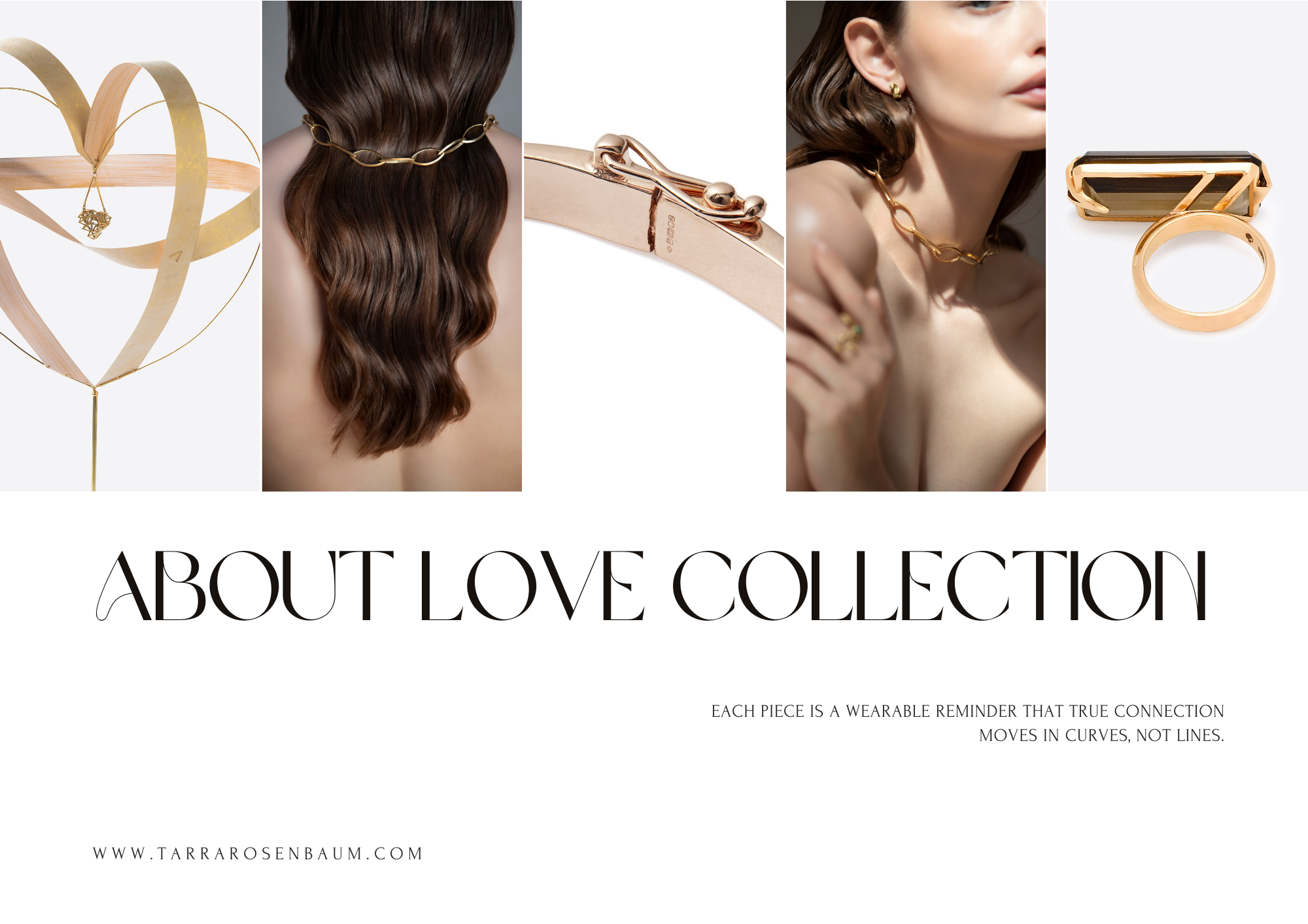 A jewelry advertisement featuring gold jewelry including a heart-shaped balloon with a pendant, a woman with wavy brown hair wearing a gold chain necklace, a close-up of a gold watch, a woman wearing the gold chain necklace and earrings, and a gold r