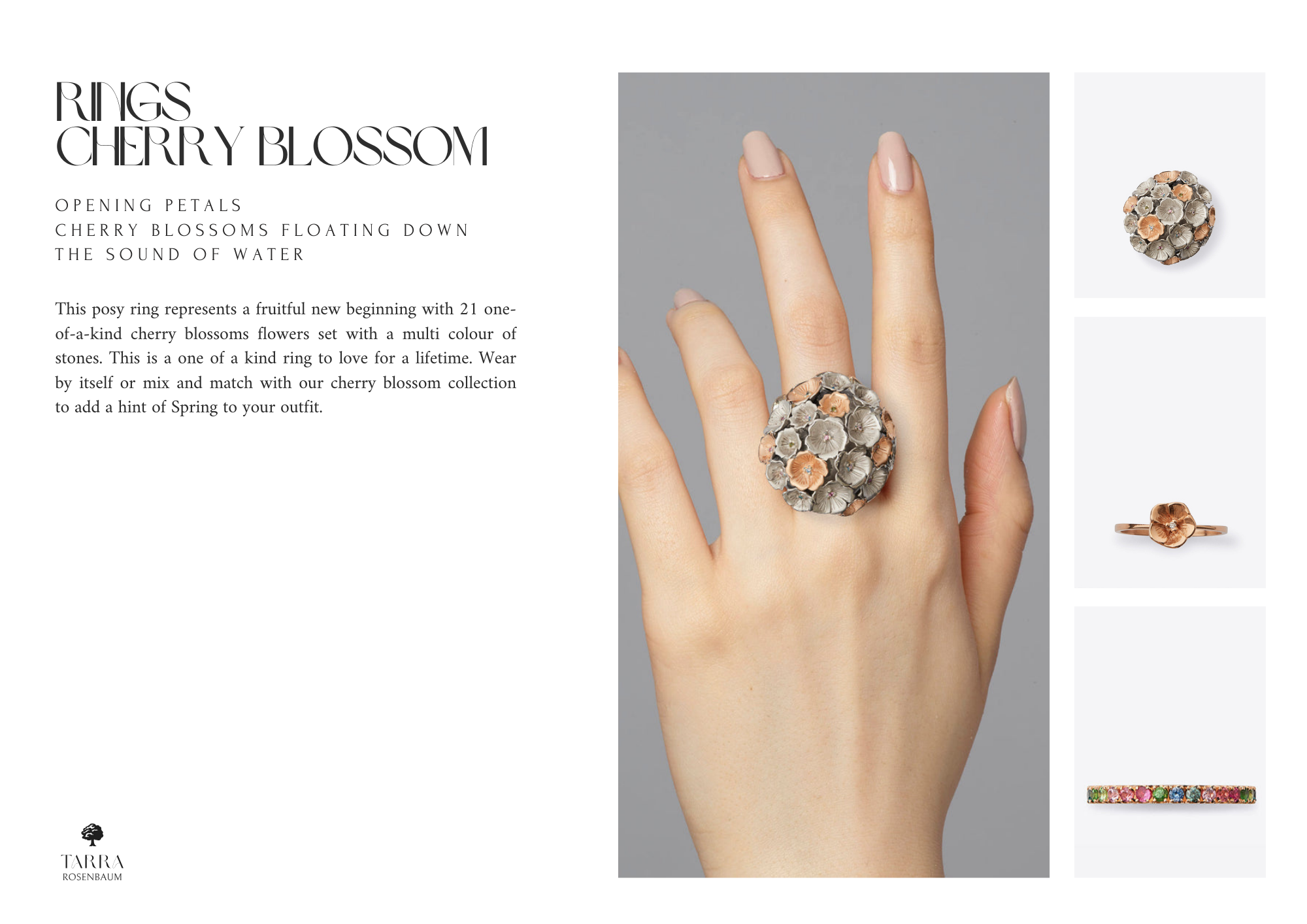 A hand displays a large ring resembling cherry blossom flowers with stones, with additional jewelry pieces including a stud earring, a floral ring, and a multicolored gemstone bracelet on the right side against a light gray background.