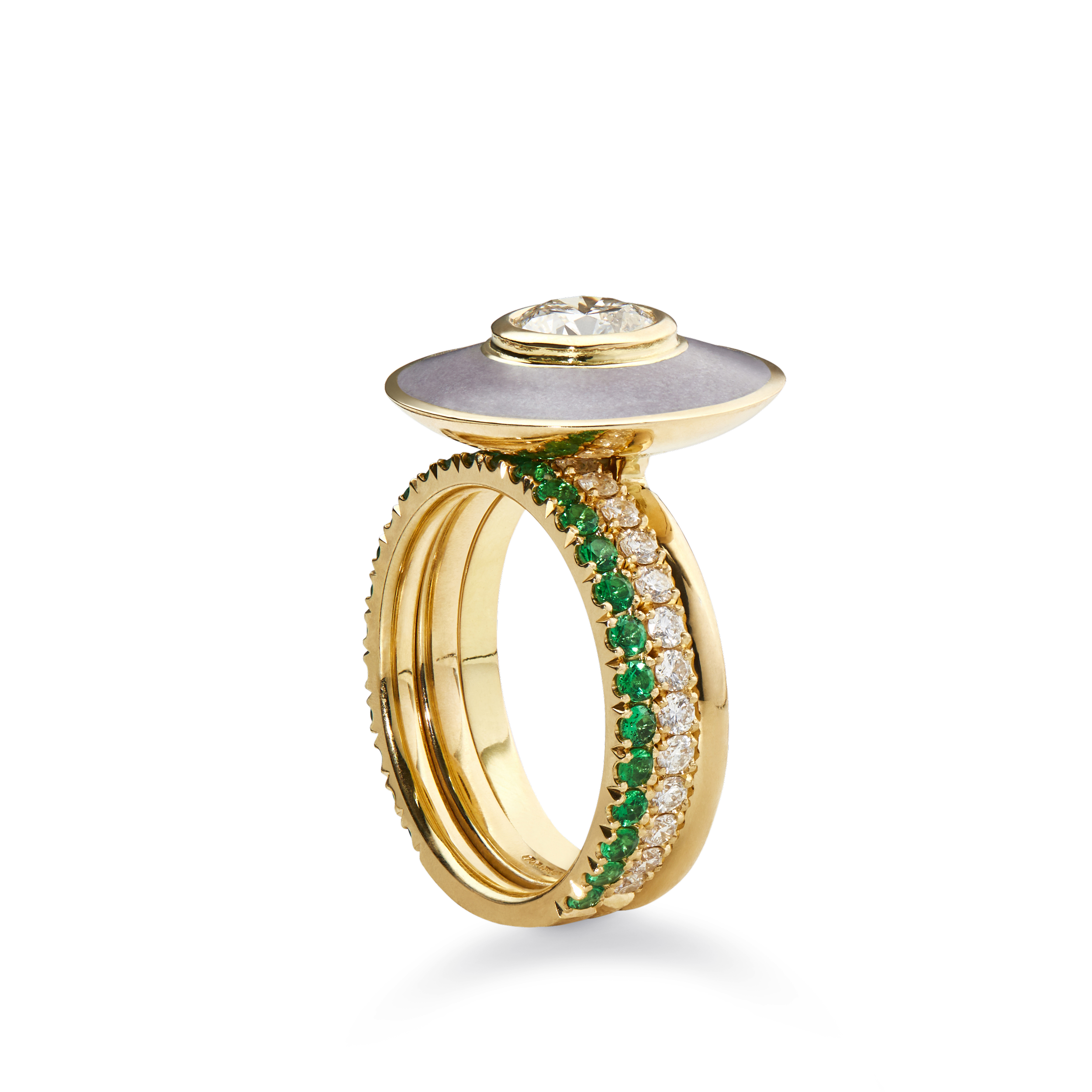 Gold ring with a large diamond on top, decorated with green and white gemstones, with a black background and red accent.