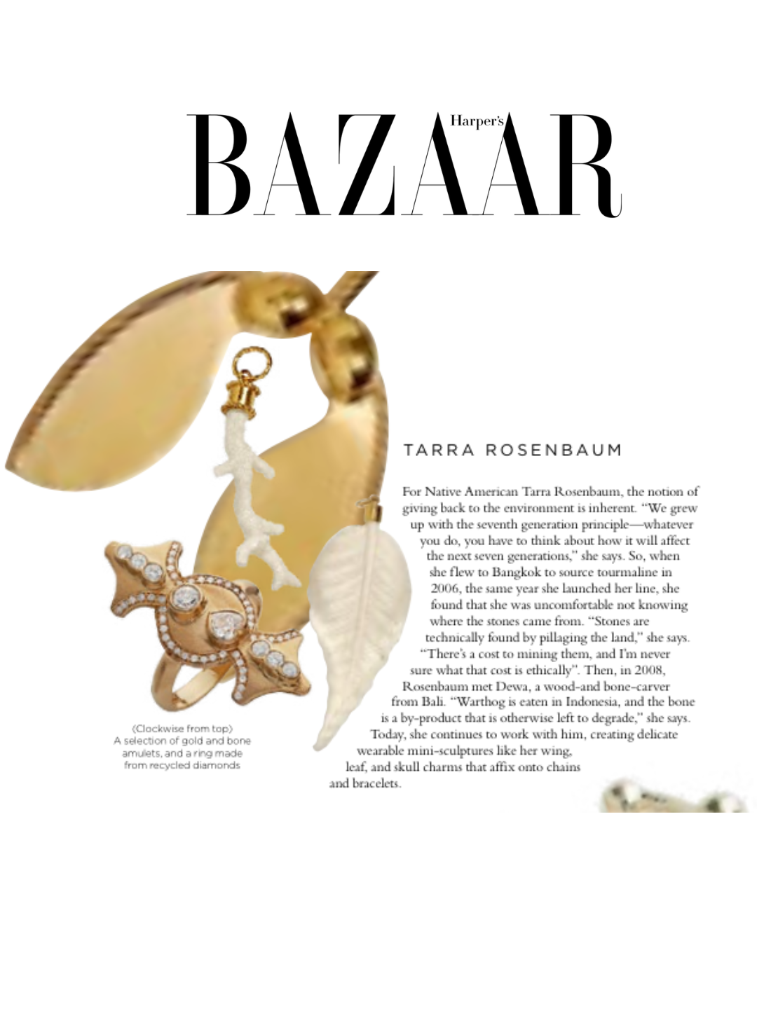 Page from Harper's Bazaar featuring jewelry inspired by nature, including a gold and bone amulet, a ring with gemstones, and a keychain with a bone and leaf charms, with accompanying text about Tarra Rosenbaum and her environmental and cultural inspi