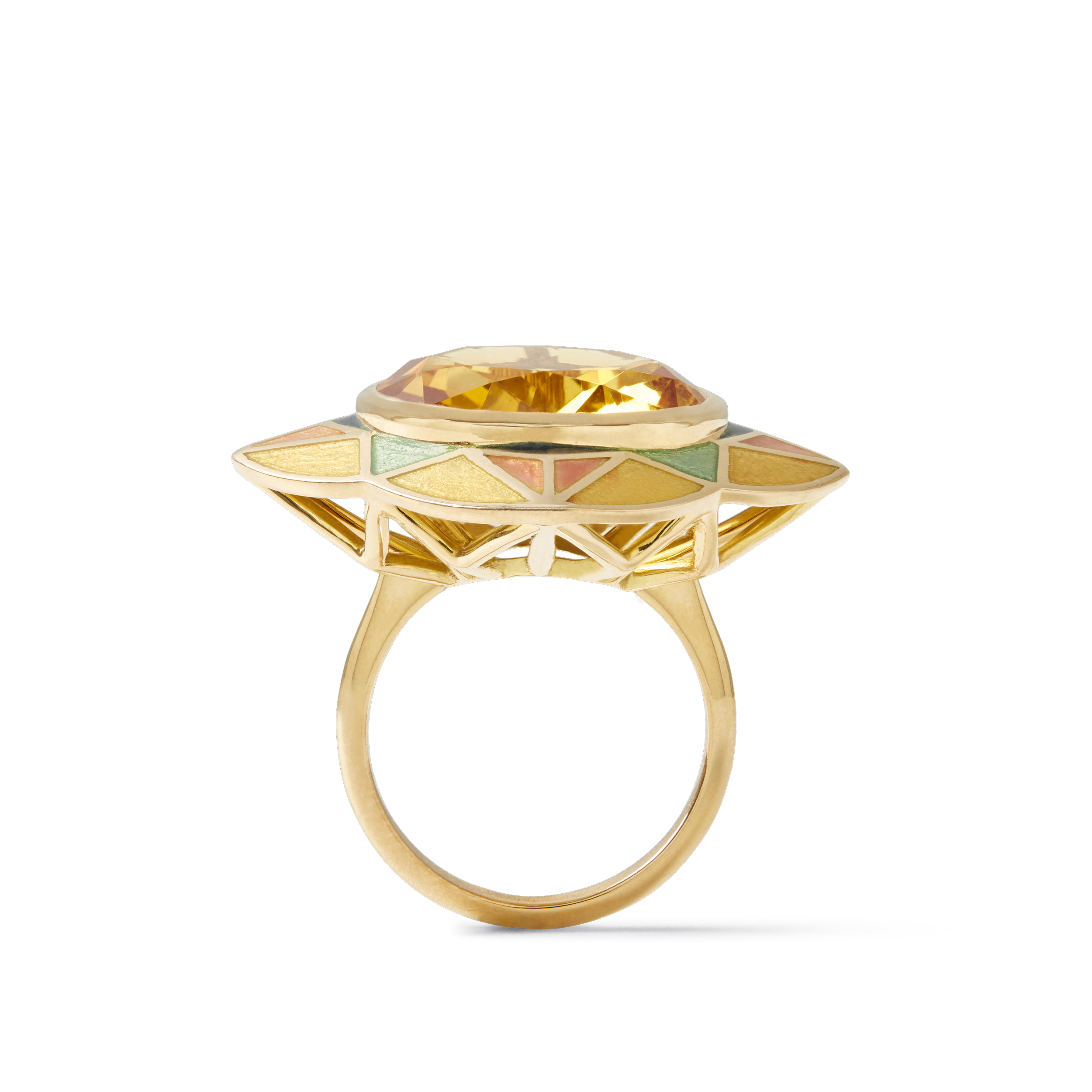 SUNRISE AURORA RING BY Tarra Rosenbaum. Gold ring with a large, faceted yellow citrine and vitreous enamel.