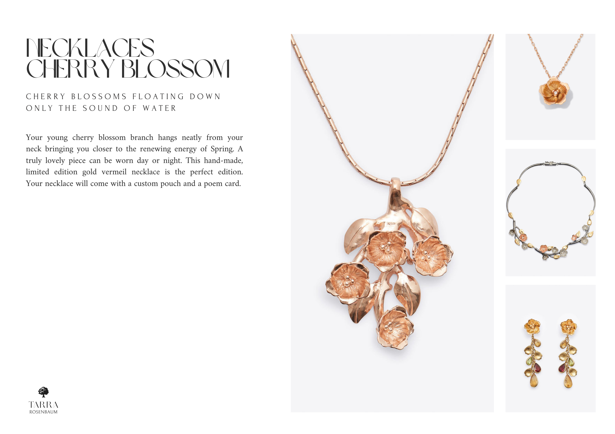 Page displaying a jewelry collection titled "Necklaces Cherry Blossom." Features a large rose gold cherry blossom pendant necklace, a matching flower pendant necklace, a cherry blossom-themed bracelet, and dangle earrings with flower designs, accompa