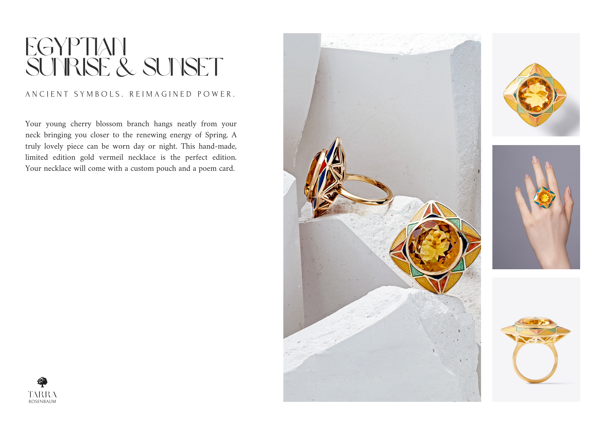 Elegant jewelry display with an orange gemstone ring and matching earrings inspired by Egyptian symbols, featuring geometric gold, green, and orange designs on a white textured background.