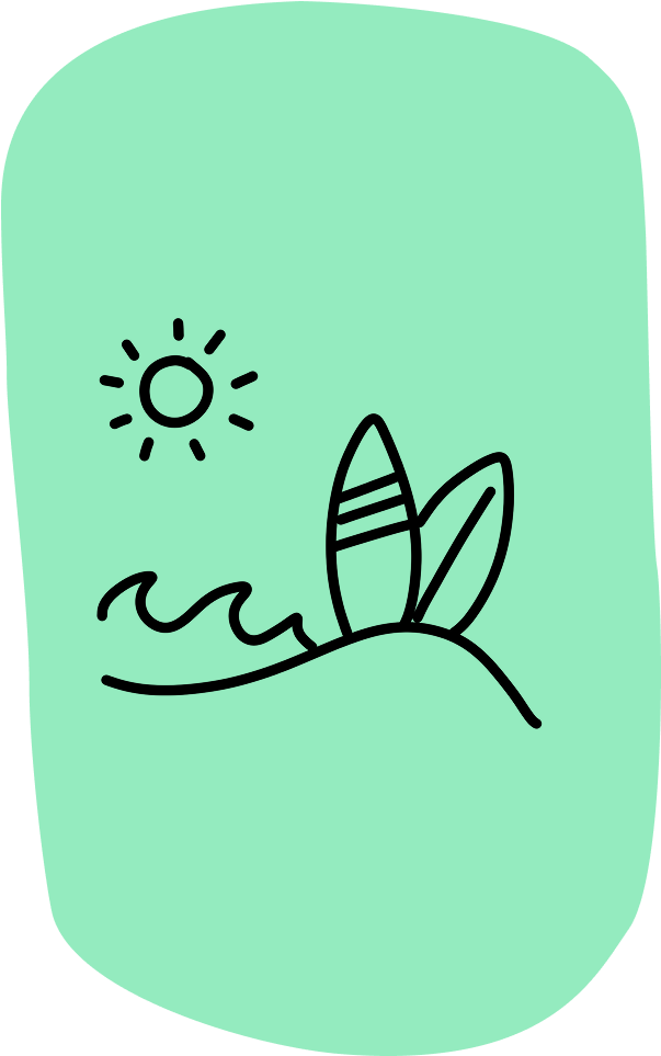 Time to surf icon - Simple line drawing of a sunny beach scene with a wave, two surfboards, and a sun in the sky.