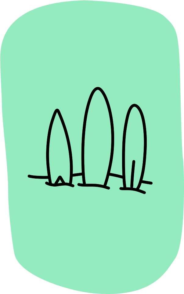 Time to surf icon - Board rental, simple black line drawing of x3 surfboards on a light green background.