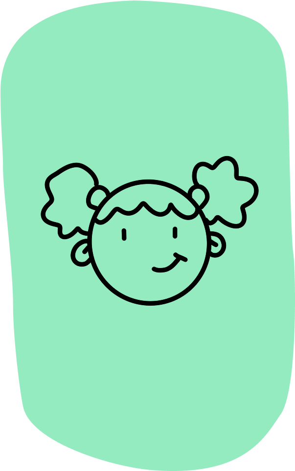 Time to surf icon - Kids, simple line drawing of a girl with pigtails, smiling, on a light green background.