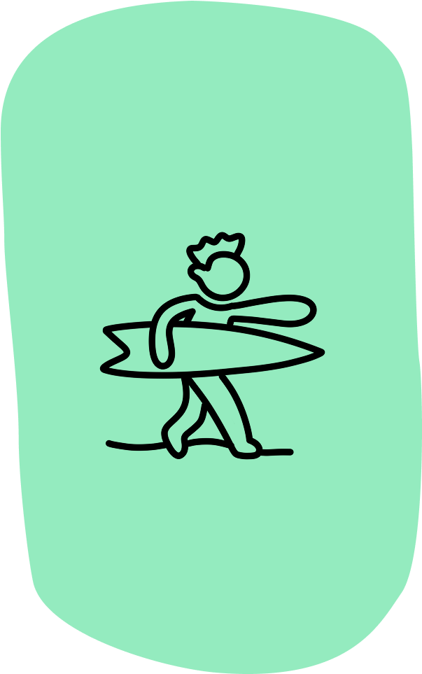 Time to surf icon - Simple black line drawing of a person walking with a surfboard under their arm on a mint green background.