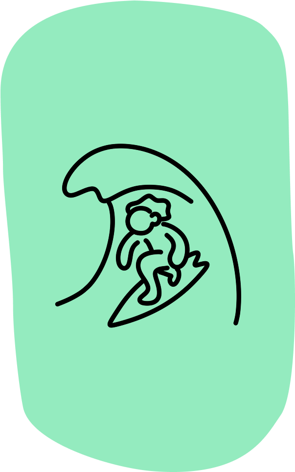 Time to surf icon - Line drawing of a person surfing on a wave.