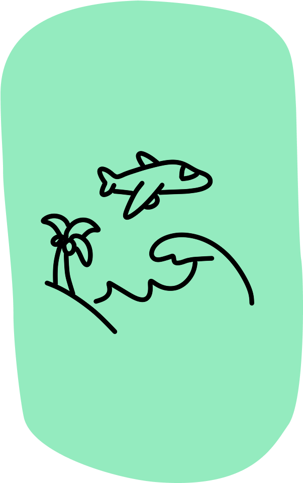 Time to surf icon - Line drawing of an airplane flying over a small island with a palm tree and an ocean wave on a light green background.