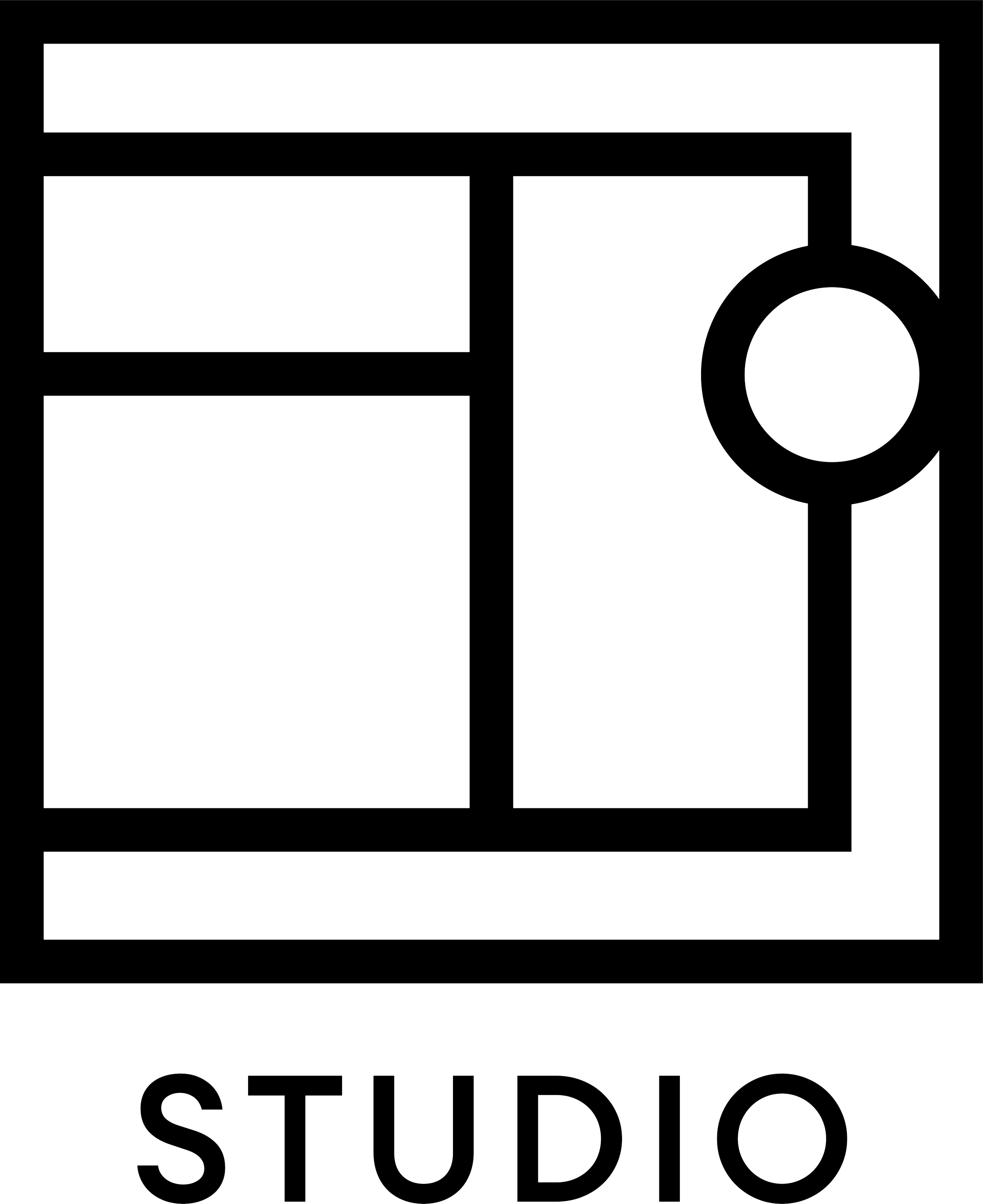 Schwarz-weiß-Logo mit der Aufschrift 'STUDIO' in großen Buchstaben, das hinter anderen Schriftzügen teilweise verborgen ist.