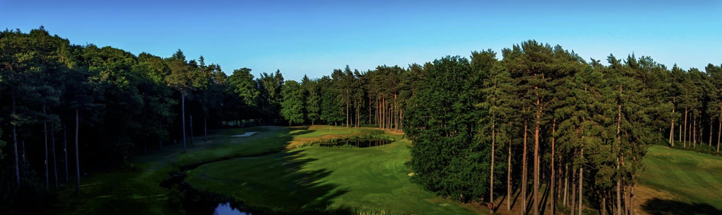 A scenic view of a golf course surrounded by tall green trees, with a water hazard and a sand trap visible in the late afternoon sunlight.