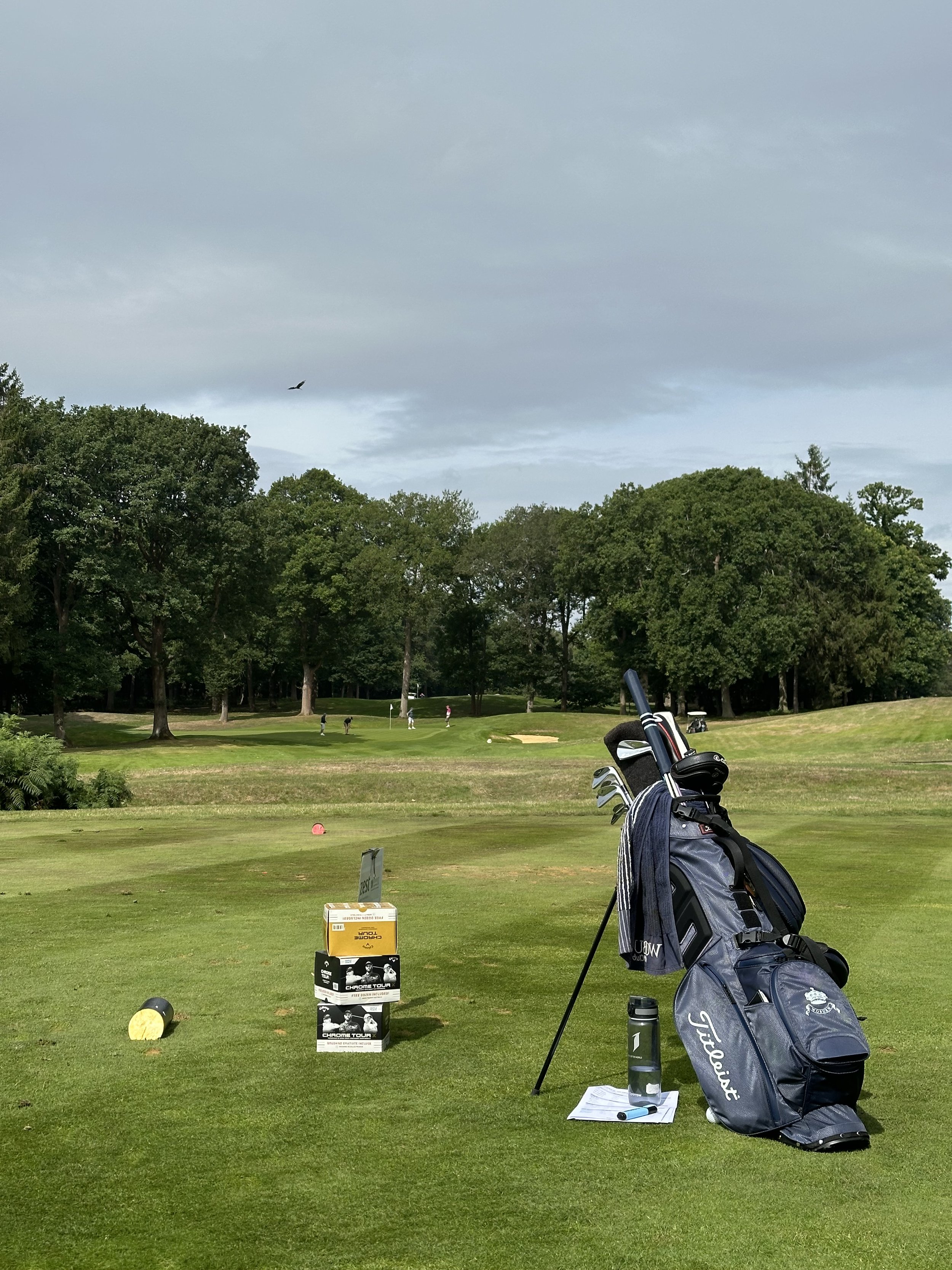 Golf course tee area with a golf bag, clubs, and promotional signs, surrounded by green grass and trees under a cloudy sky.