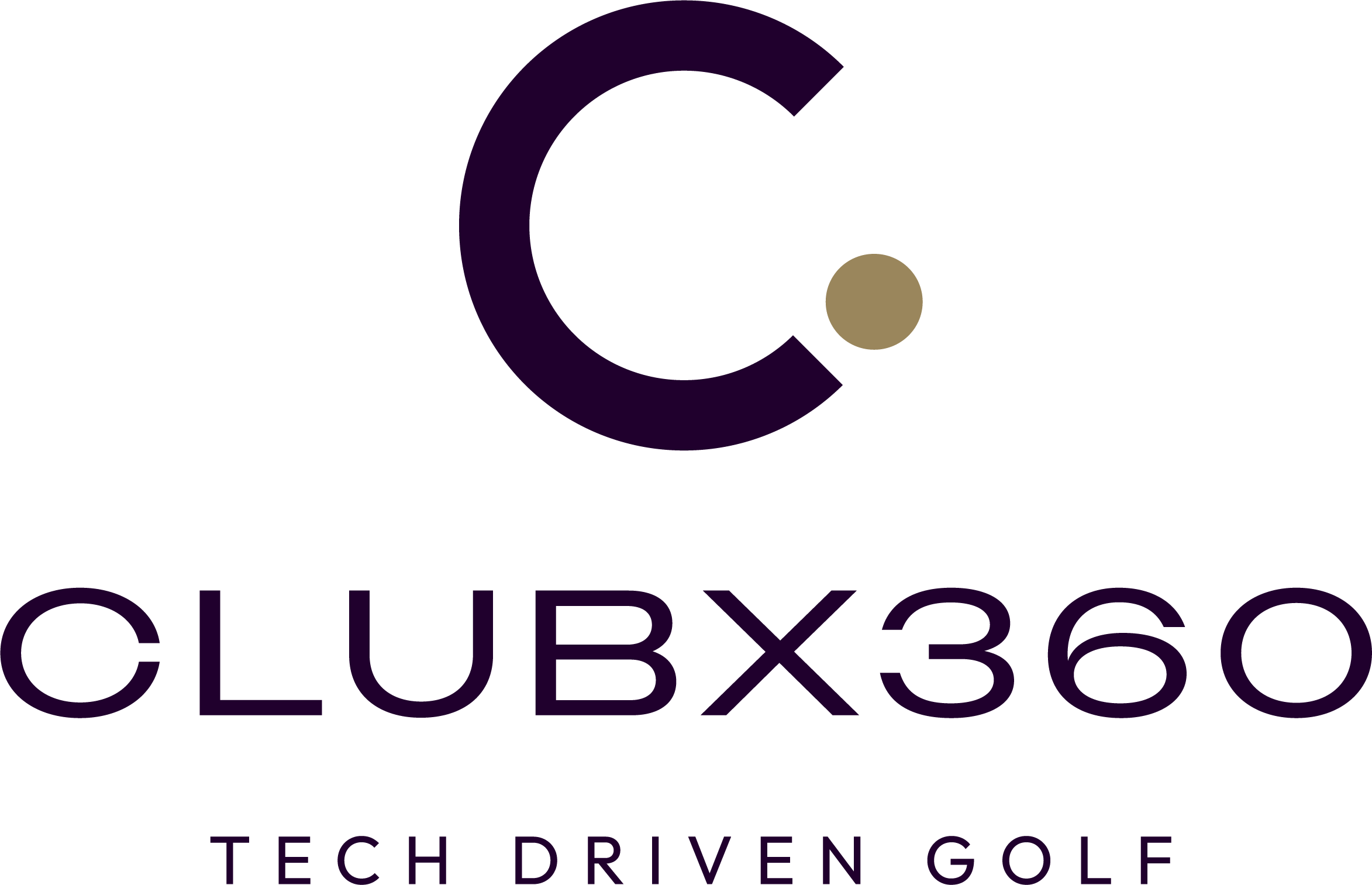 Logo of CLUBX360 with a large purple 'C' and a gold dot, and the tagline 'Tech Driven Golf' in purple.