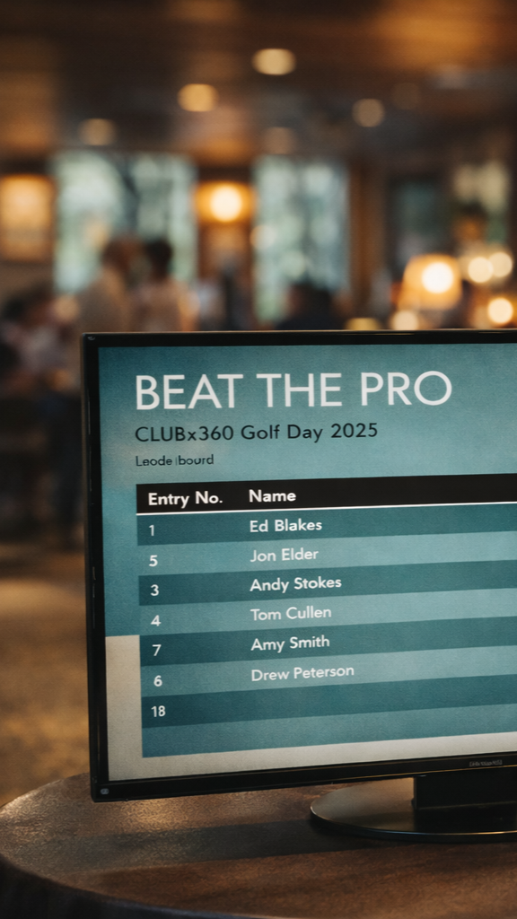 Digital leaderboard displaying results for a golf event titled 'Beat the Pro' at CLUBx360 Golf Day 2025 with names of participants and their entry numbers.