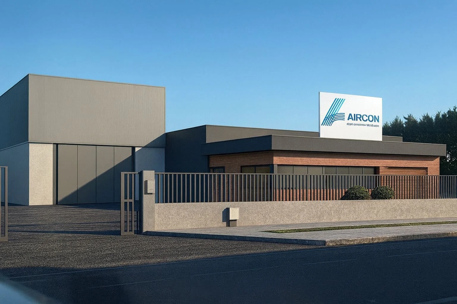 Edificio moderno con segnale di azienda 'AIRCON' su tetto, recinzione metallica e vegetazione intorno, sotto un cielo blu.