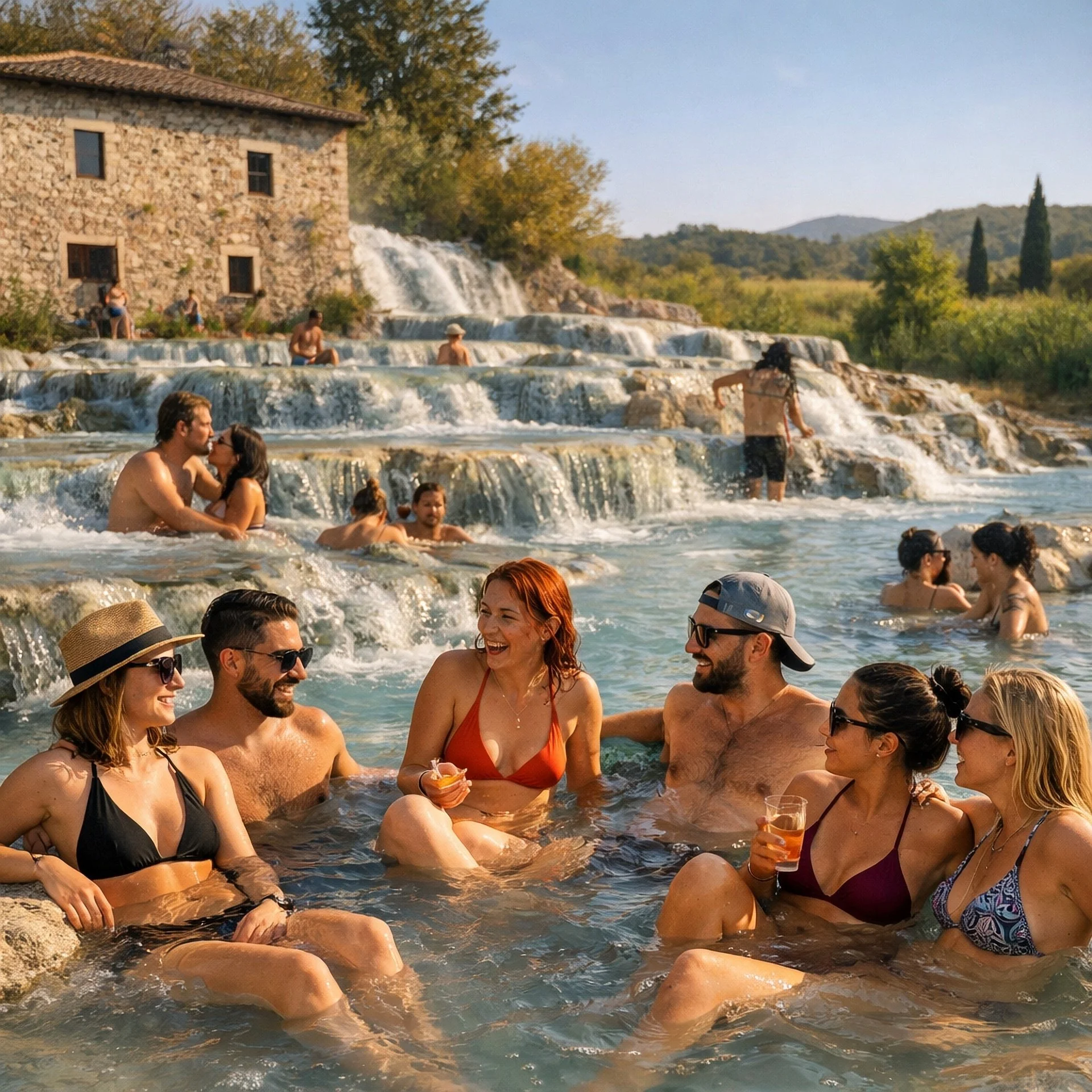 Group of friends in a natural hot spring with waterfalls and scenic landscape in the background, enjoying conversation and beverages.