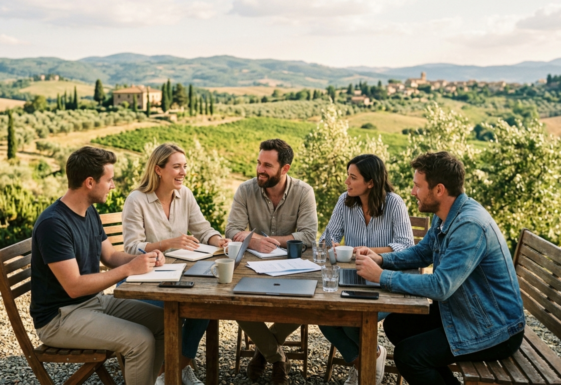 Millennials having a business meeting in Tuscany