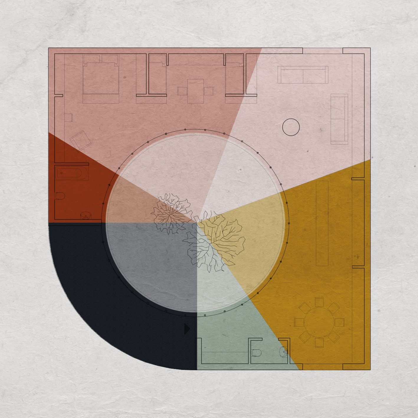 Color-coded floor plan of a house with different rooms highlighted in various colors, including a central circular area, bedrooms, bathrooms, and living spaces.