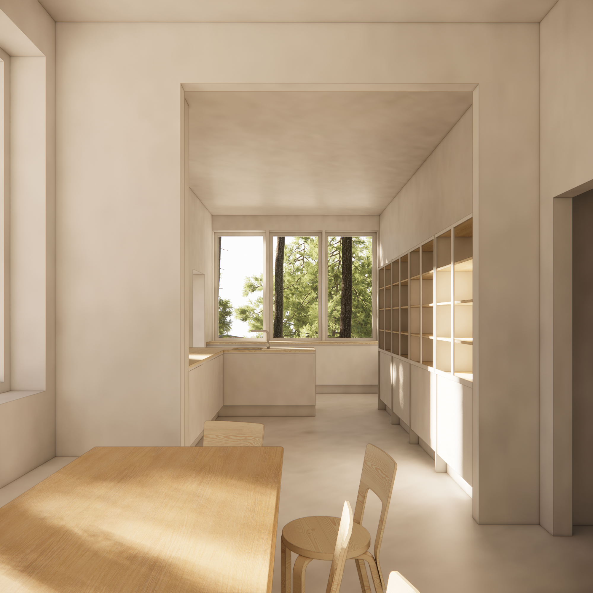 Minimalist kitchen with light wood furniture, white cabinetry, large windows with trees outside, and open shelving on the right side.