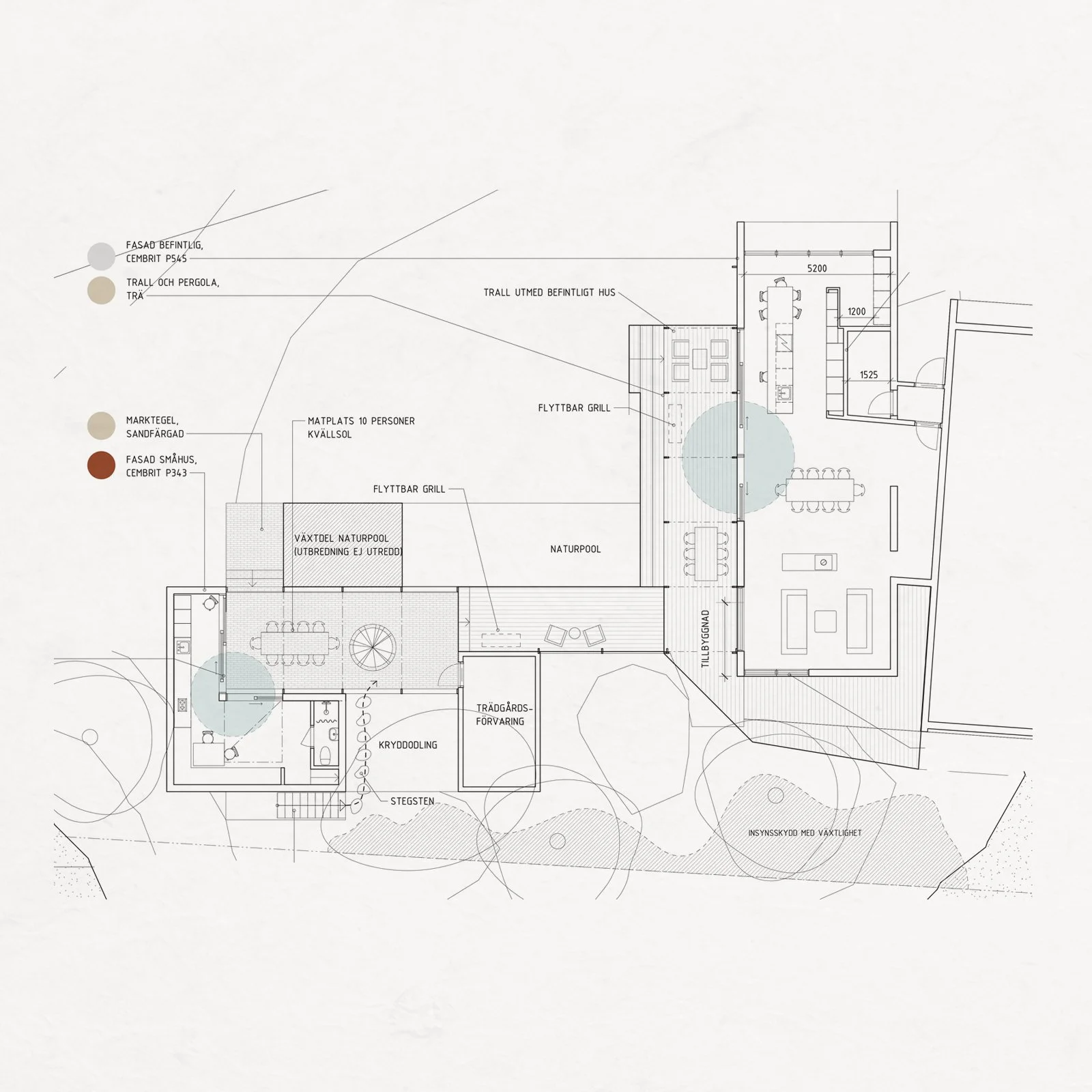 Architectural floor plan of an outdoor and indoor space showcasing patios, dining areas, a natural pool, and surrounding landscaping with labeled features.