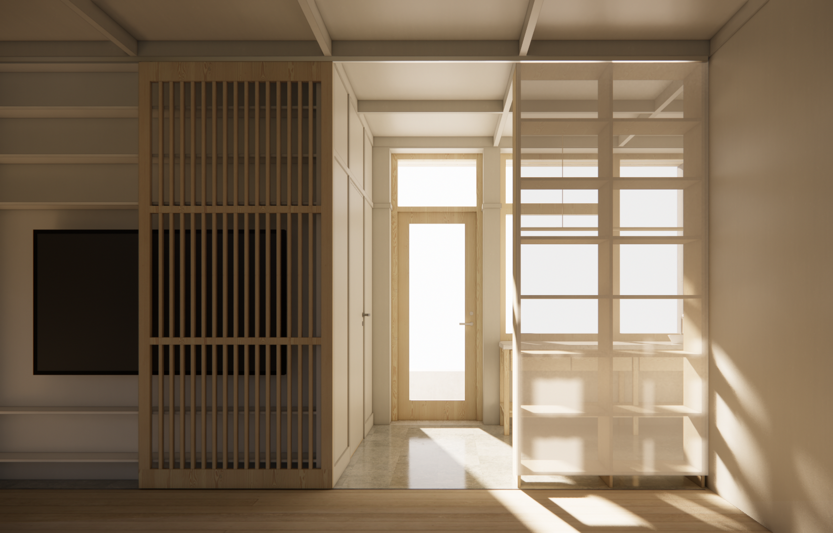 Modern house with a metal roof, wooden walls, and a covered porch with supporting wooden posts.