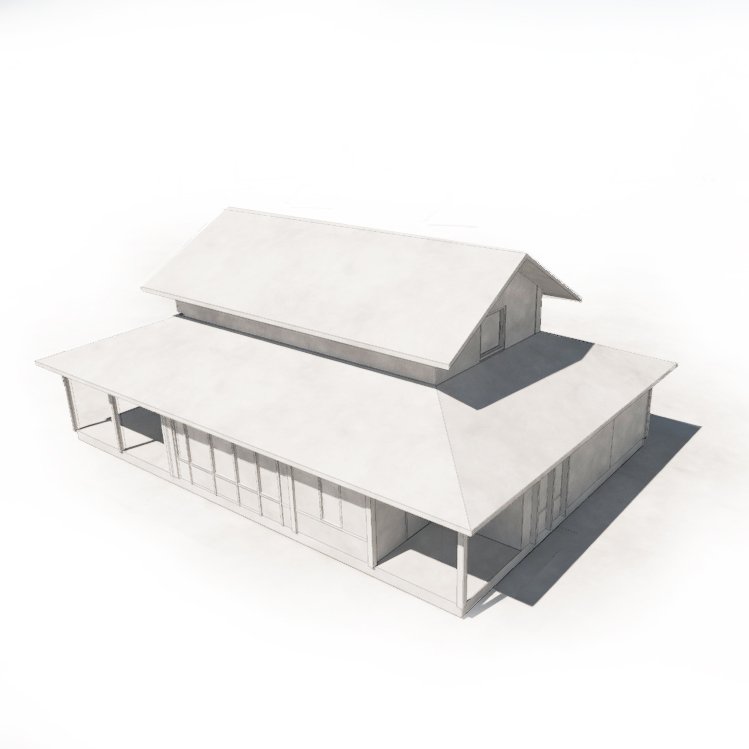 A 3D architectural rendering of a two-story house with a sloped roof and large windows on the front porch.