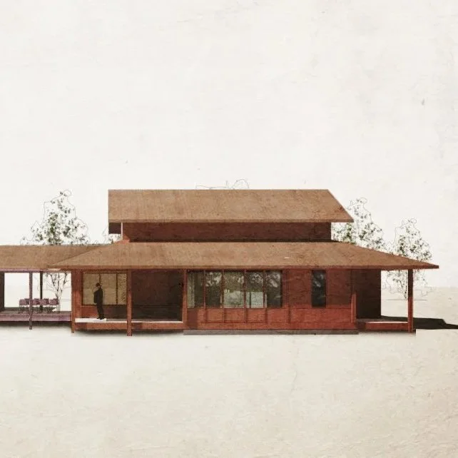 Render of a modern wooden house with a large overhanging roof, glass windows, and a porch, set against a white background.
