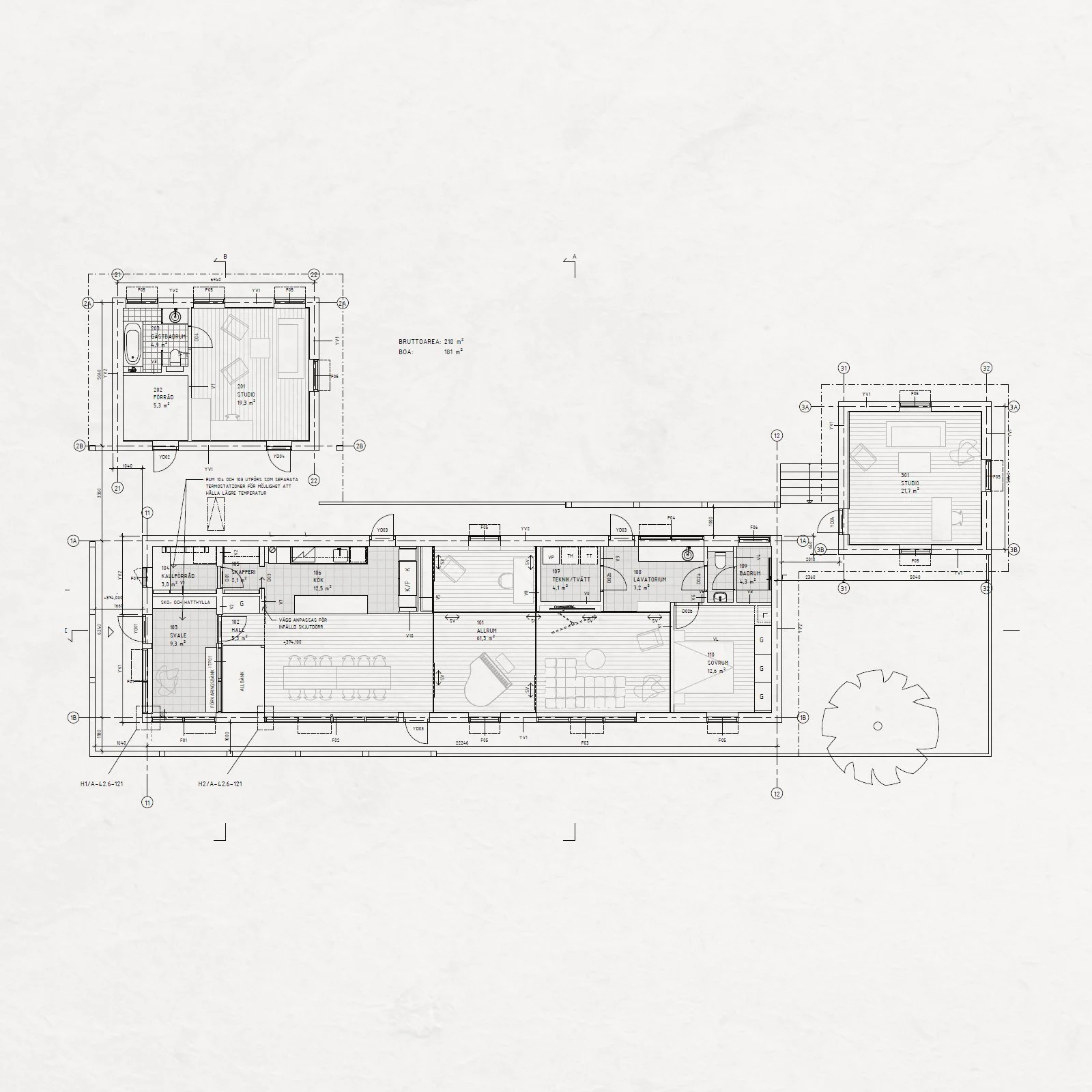 Architectural blueprint of a house floor plan with various rooms and measurements.