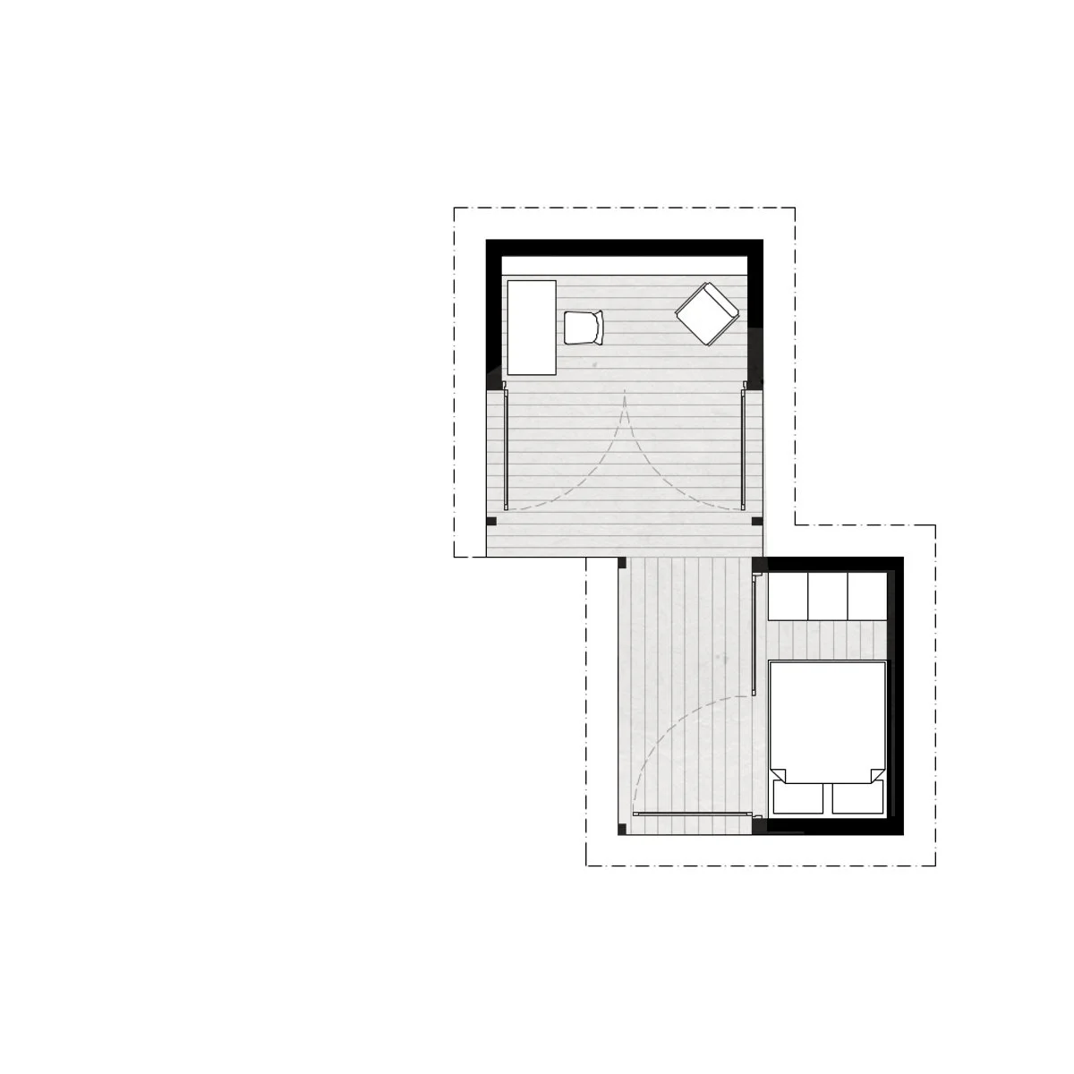 Floor plan of a small house with two rooms connected by a hallway, one room has furniture including a bed and dresser, the other room has a bed and a closet.