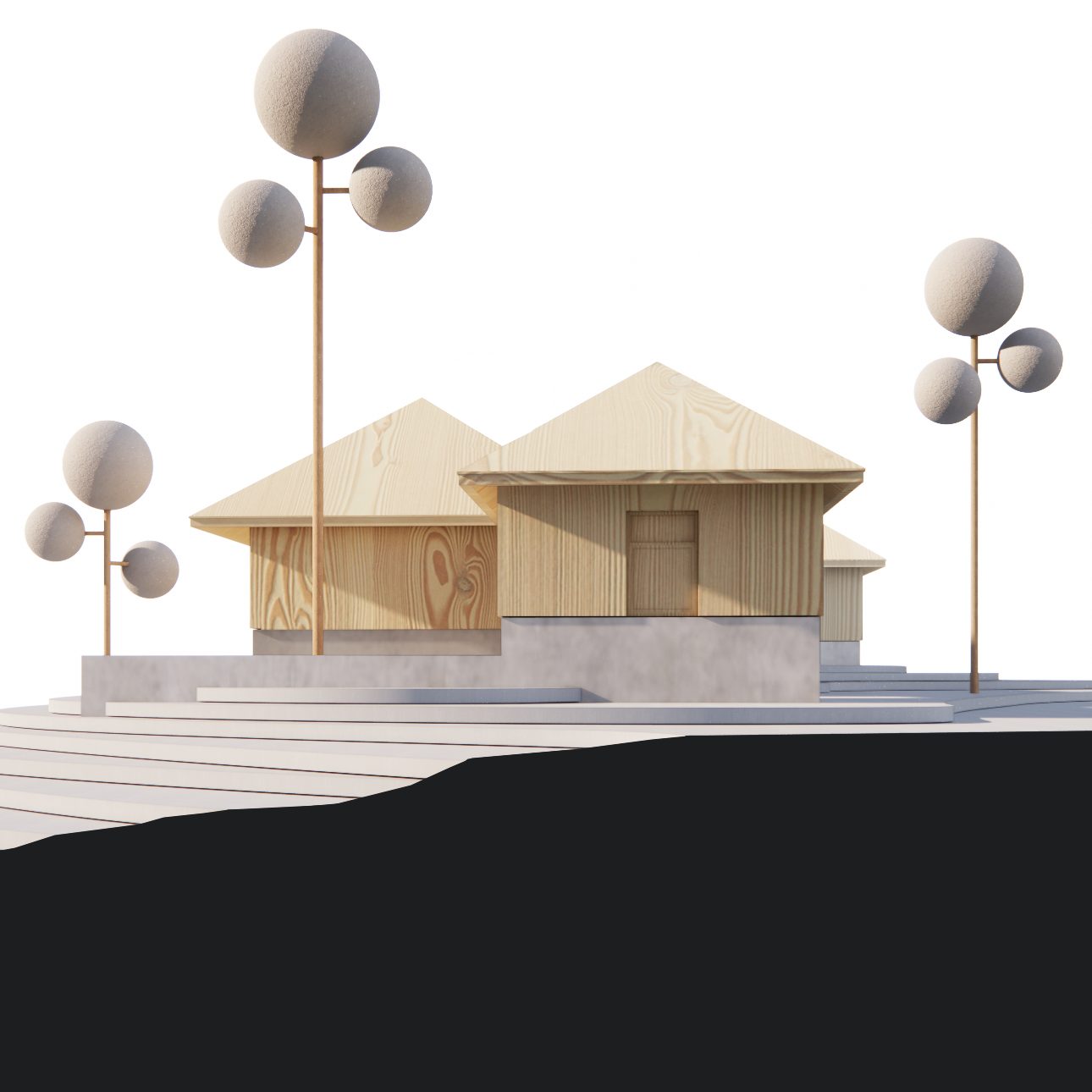 Architectural rendering of a modern house with wooden exterior, pitched roofs, and surrounded by stylized spherical street lamps on tall poles.