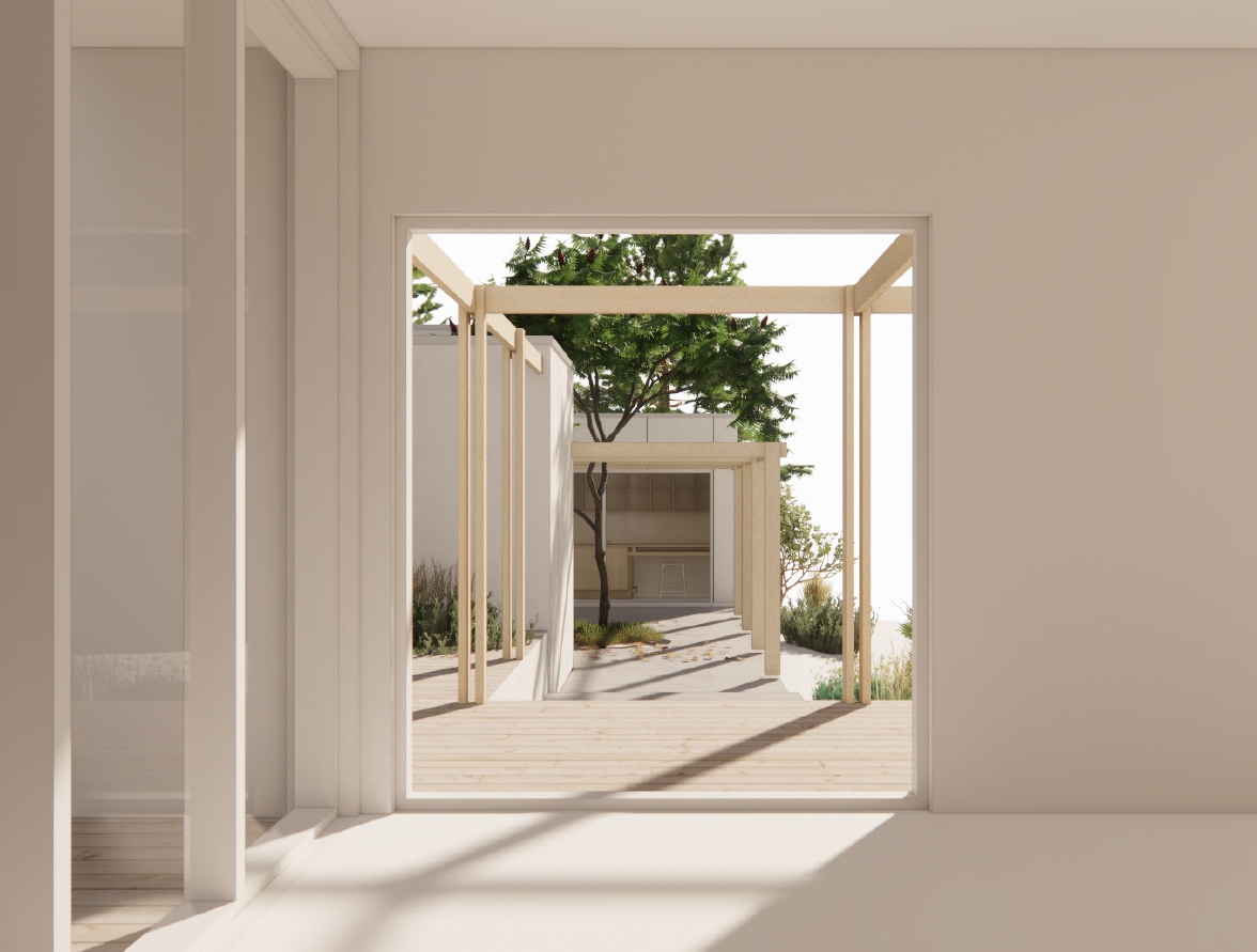 View through a doorway onto a landscaped backyard with trees, plants, and a wooden pergola structure over a patio area.