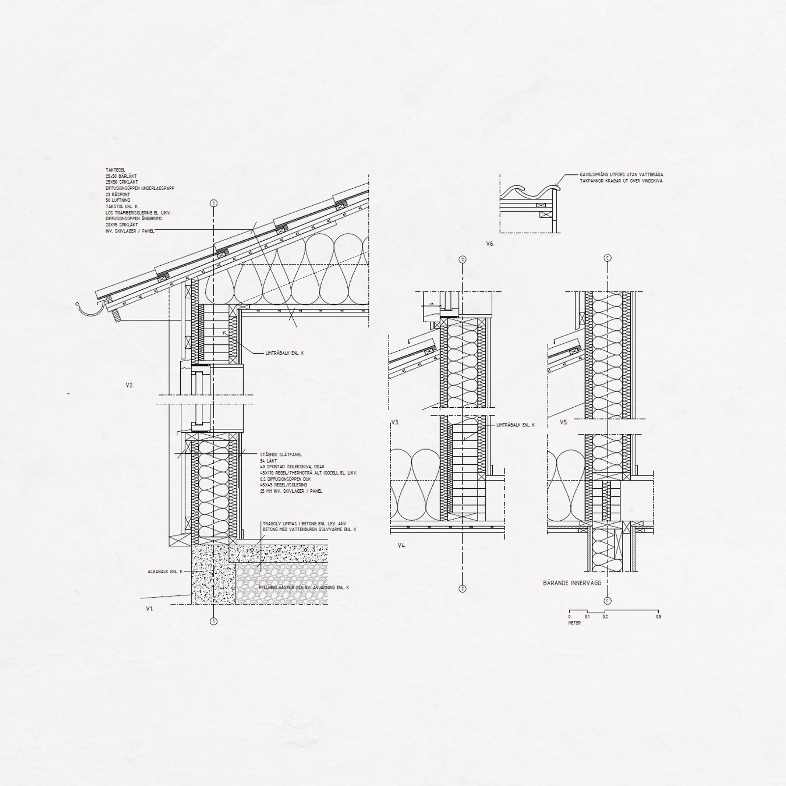 Technical architectural drawing of a building's roof and wall construction, including detailed cross-sections and materials.