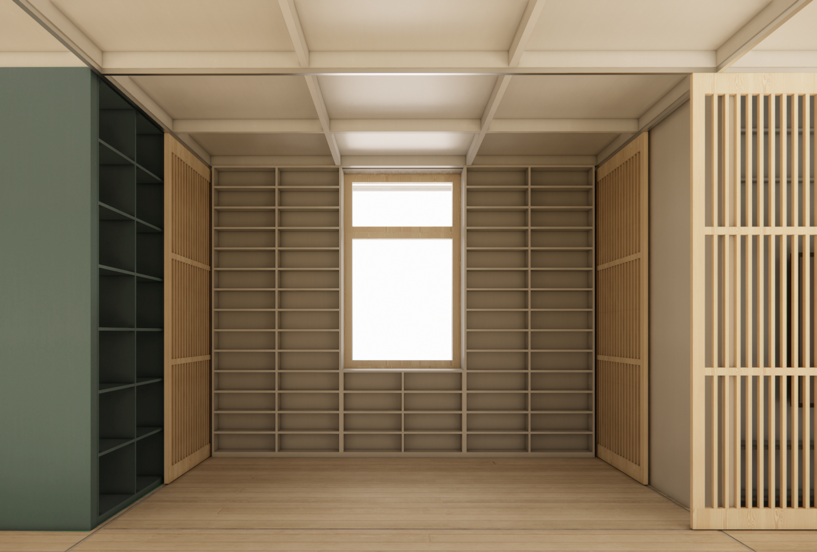 An empty room with built-in wooden shelves, a window in the center, and green and beige panels on the sides.
