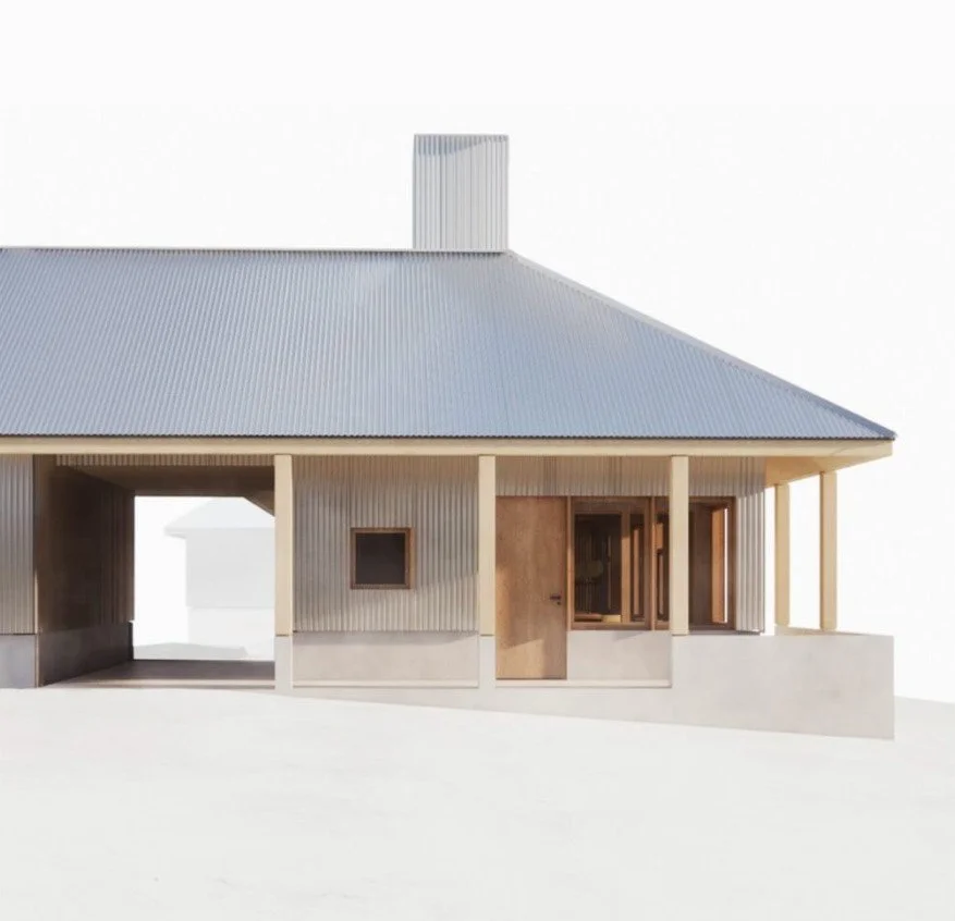 Modern house with a metal roof, wooden walls, and a covered porch with supporting wooden posts.