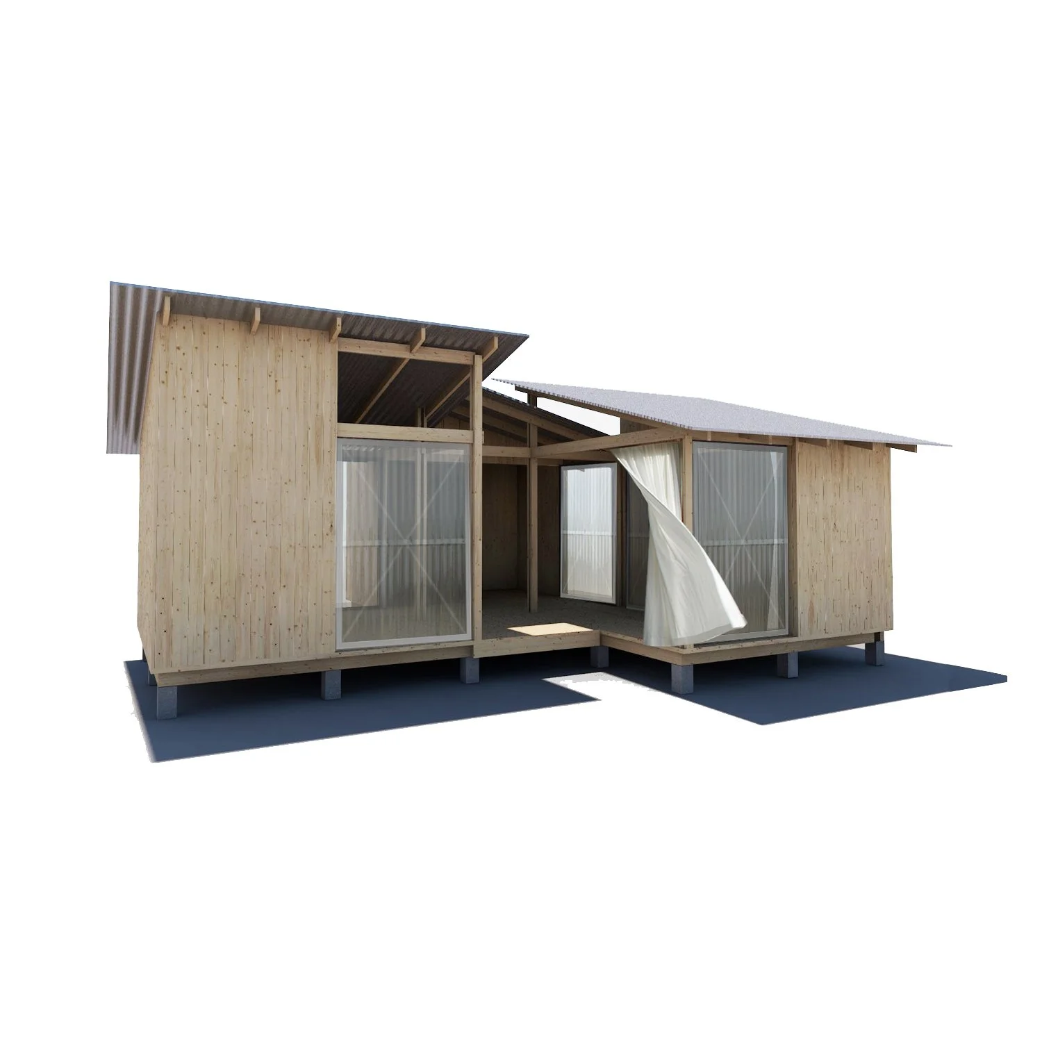 A small, modern wooden house with multiple sections and wide glass doors, elevated on concrete blocks, with curtains visible inside and a sloped metal roof.