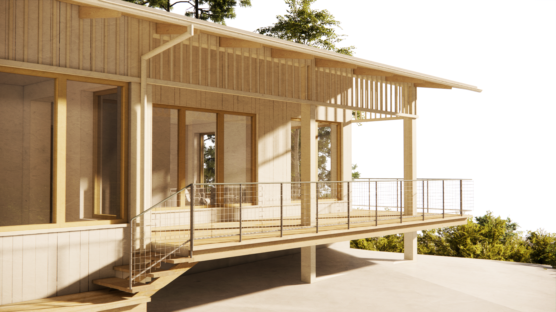 A modern wooden house under construction with a large balcony featuring a metal railing, set among trees with a clear sky.