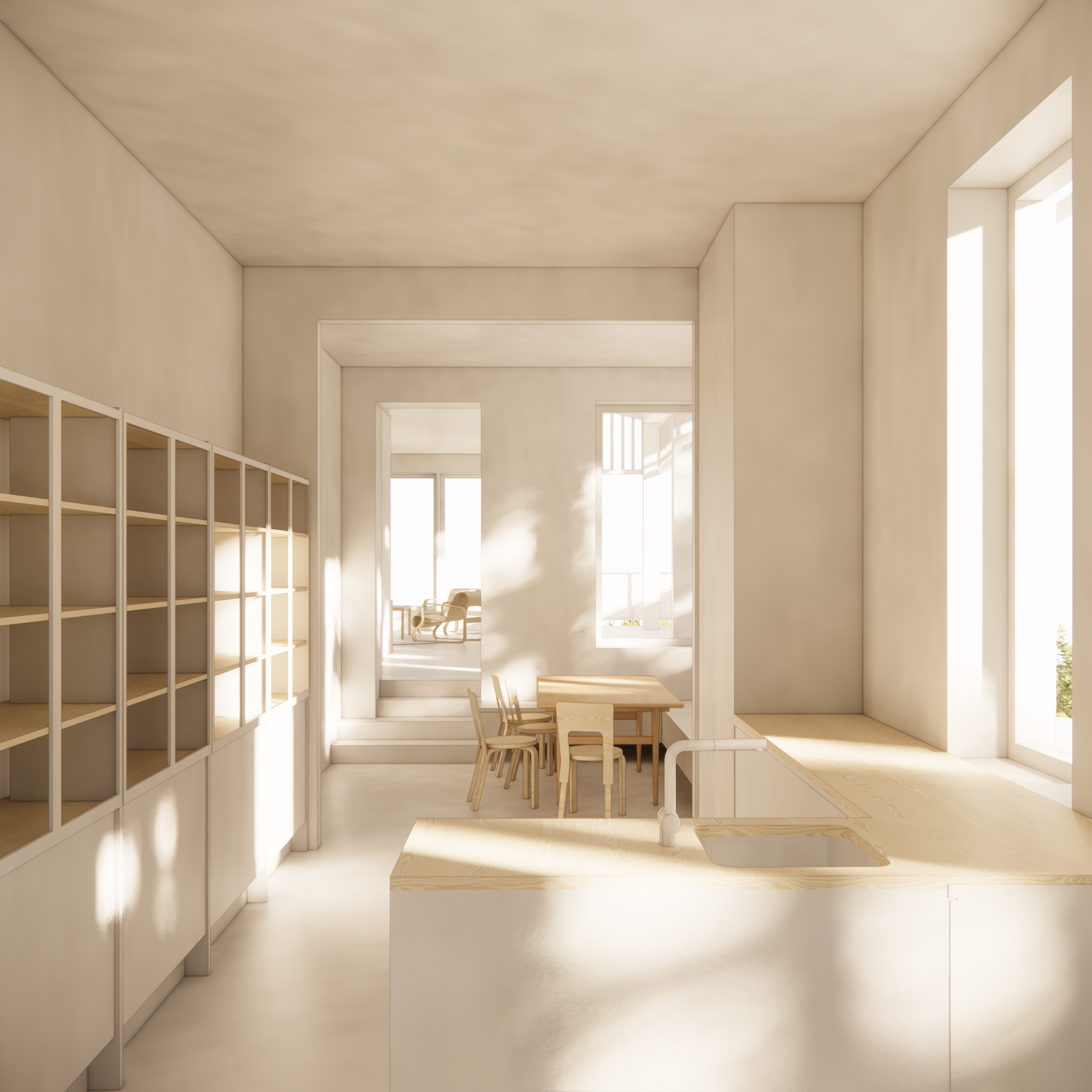 Bright, minimal kitchen and dining area with natural wood furniture, white cabinetry, large windows letting in sunlight, and a view into a sunlit living space with chairs and a table.