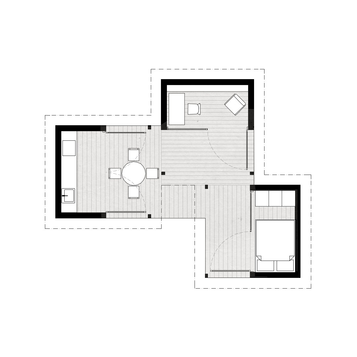 Floor plan of a house interior with three rooms, including a bedroom, dining area, and an office space.