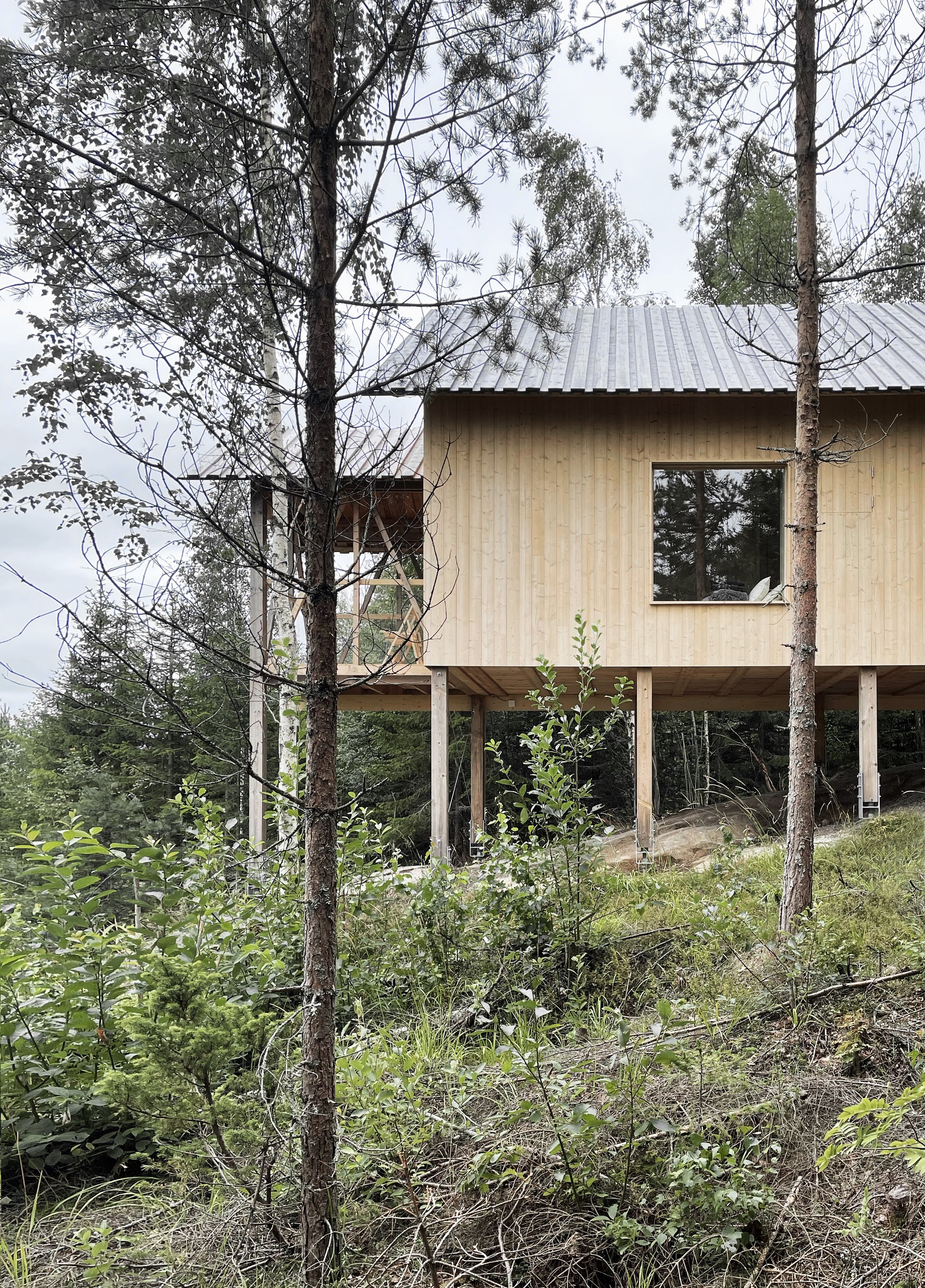 A wooden house under construction on stilts in a forested area, with trees and greenery surrounding it and an overcast sky overhead.