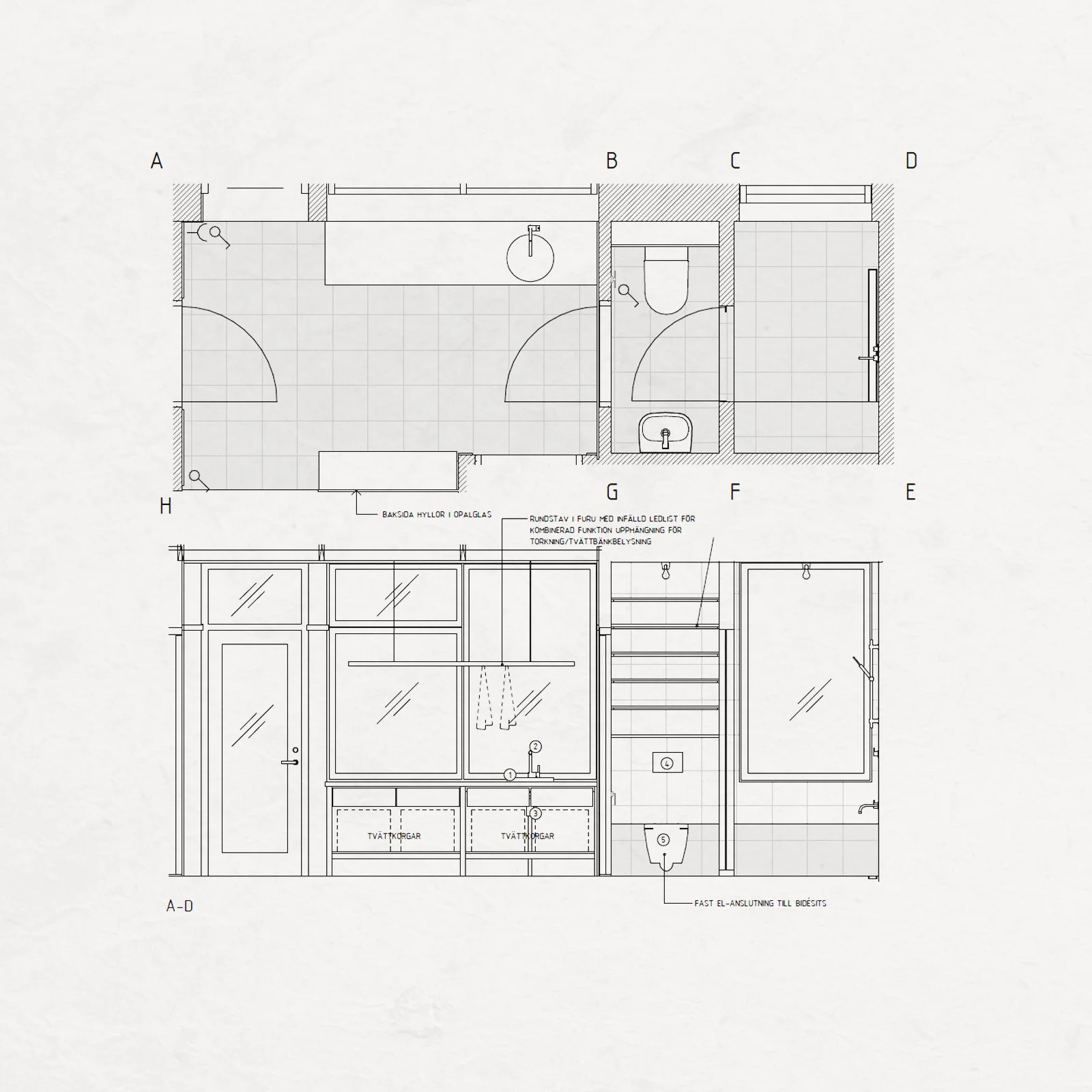 Architectural floor plan of a bathroom and laundry area, showing room layout, fixtures, and cabinetry with labels and dimensions in Swedish.